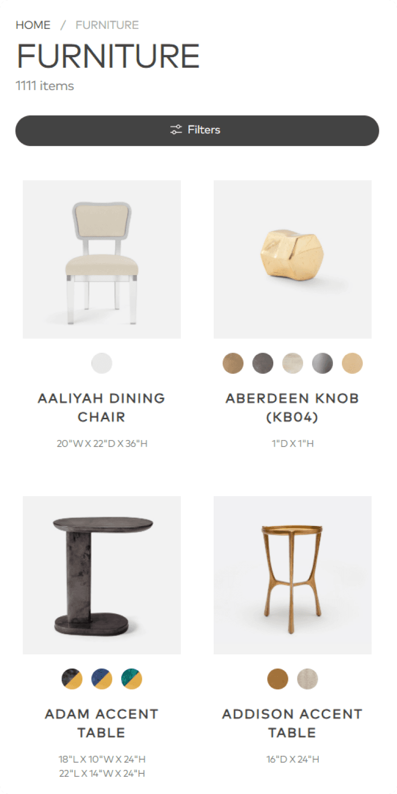 Made Goods mobile furniture category listing the Aaliyah Dining Chair, Aberdeen Knob, and Adam and Addison Accent Tables