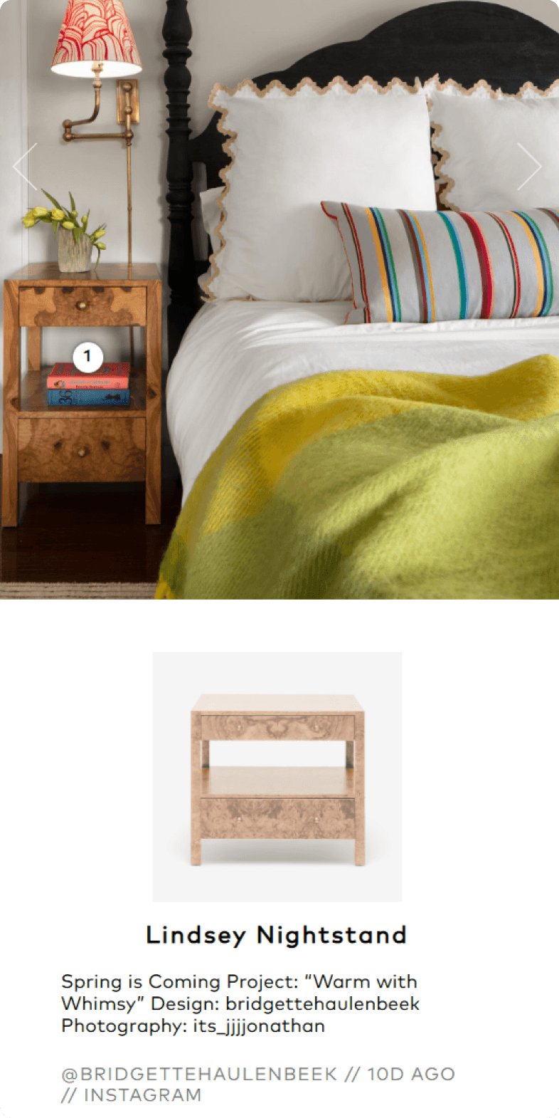 Made Goods mobile Instagram post showing the Lindsey Nightstand in a colorful bedroom designed by Bridgette Haulenbeek