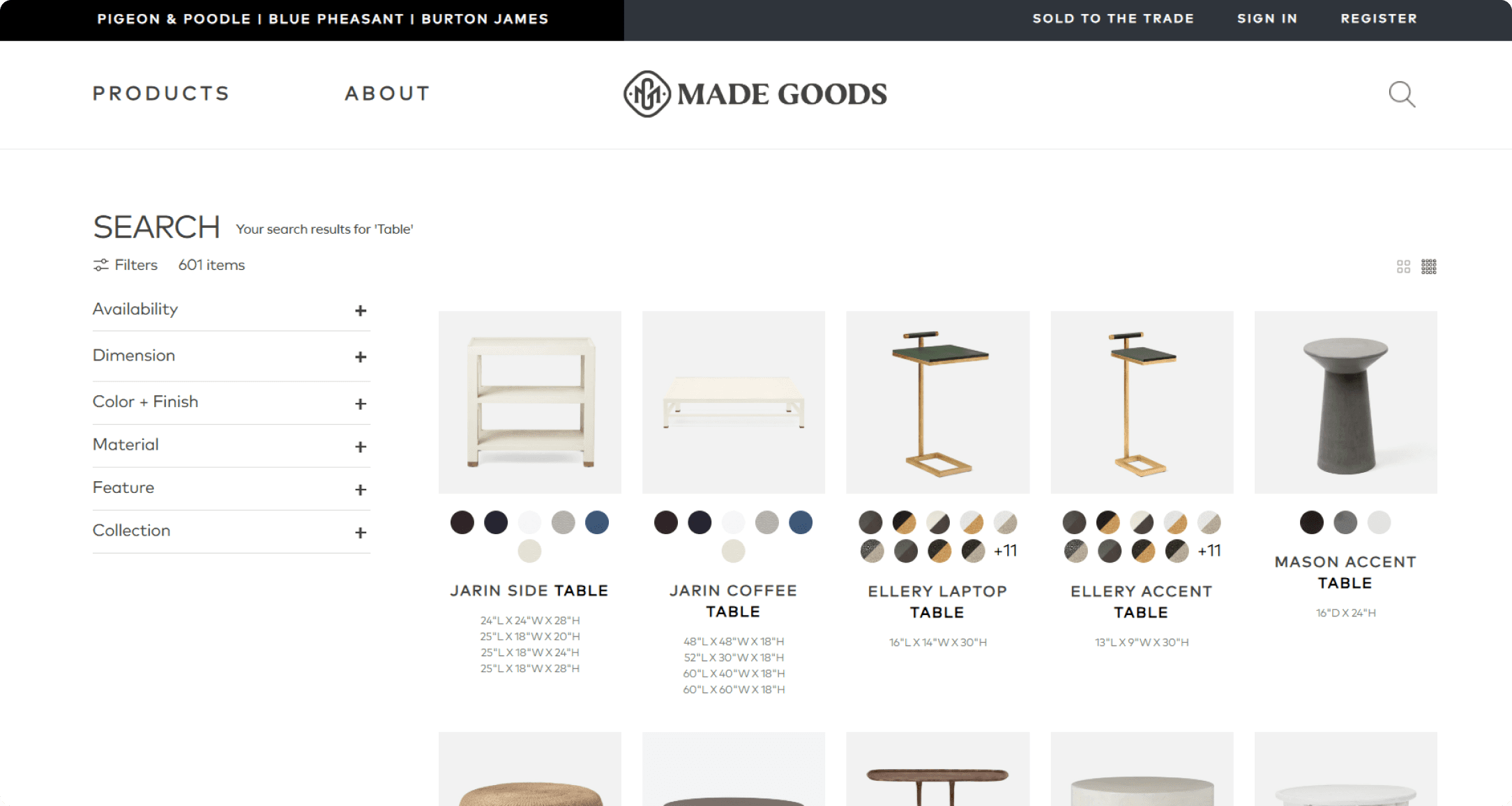 Made Goods search showing 601 table results including the Jarin Side Table, Ellery Laptop Table, and Mason Accent Table
