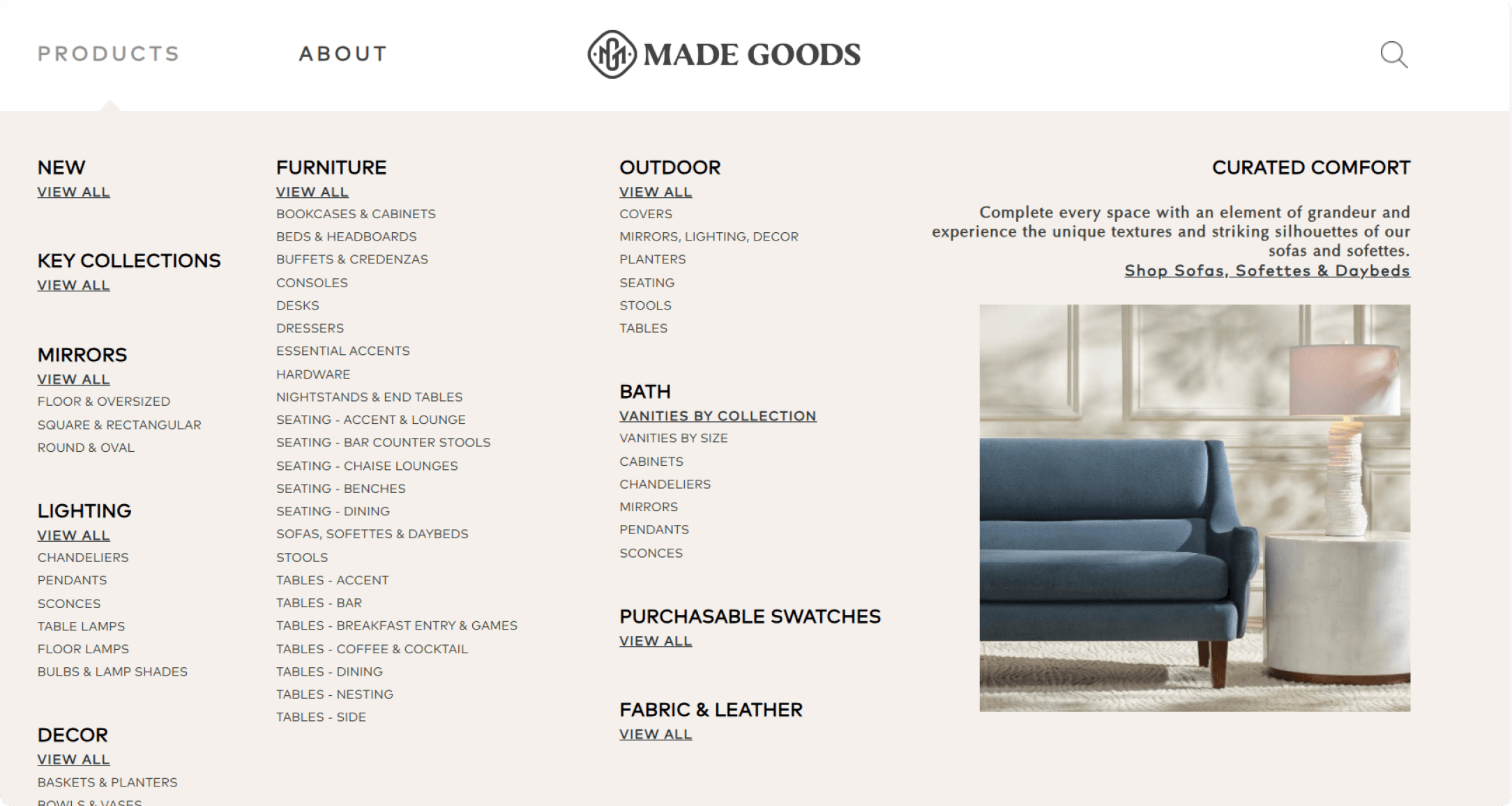 Made Goods desktop navigation mega menu with product categories including Furniture, Mirrors, Lighting, Bath, and Decor