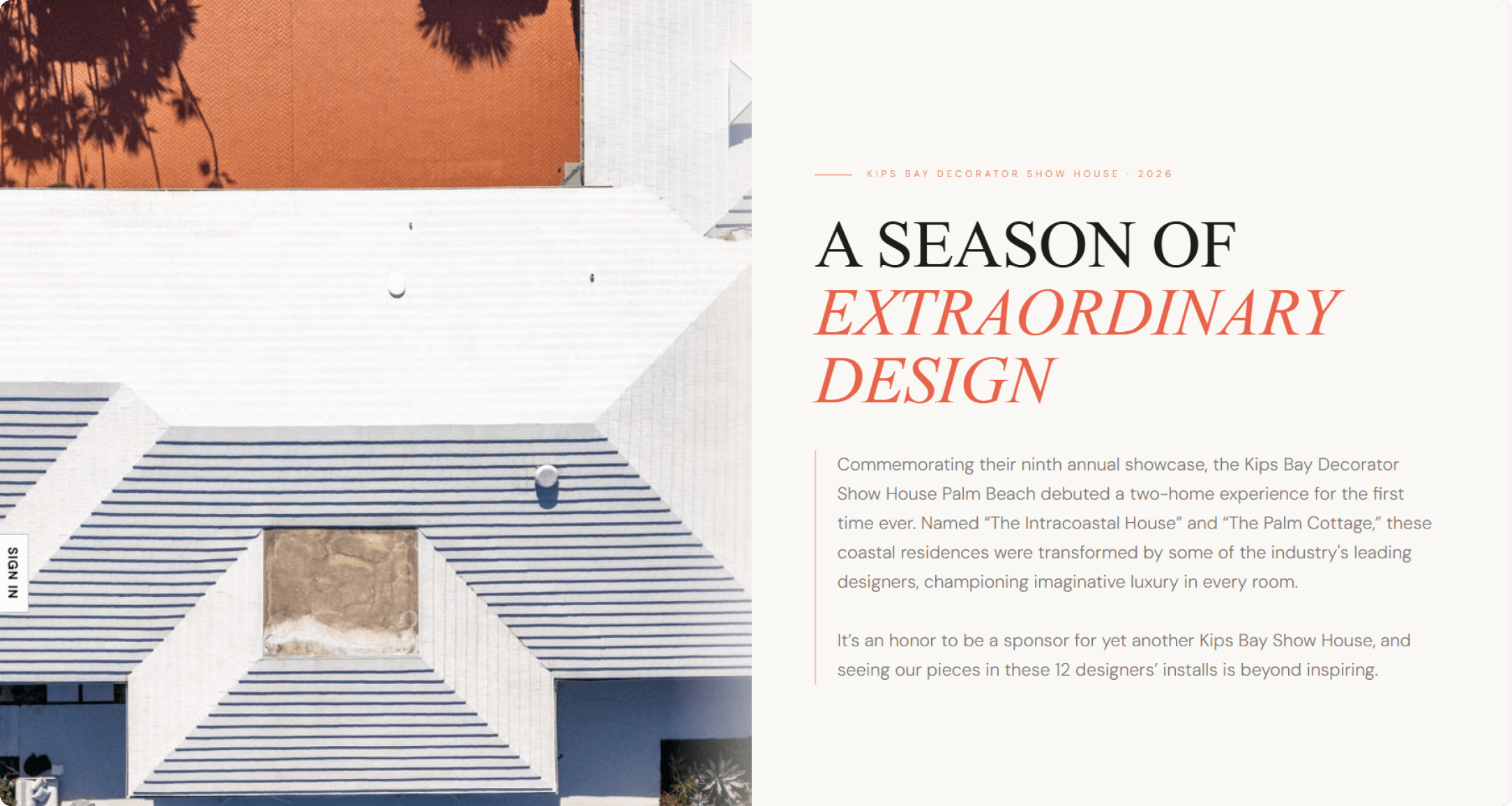 Made Goods Kips Bay Decorator Show House page with an aerial coastal residence and Season of Extraordinary Design headline