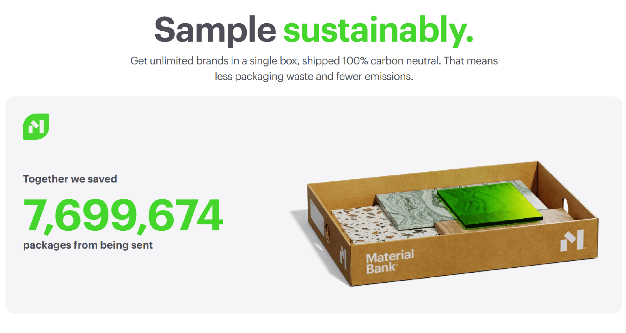 Material Bank sustainability page showing a 7.6 million packages saved counter and a carbon-neutral sample box