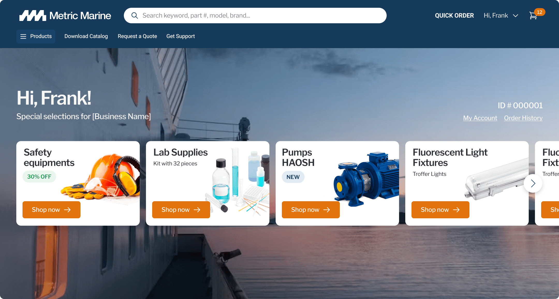 Metric Marine B2B homepage with a personalized greeting and category cards for Safety, Lab Supplies, Pumps, and Fixtures