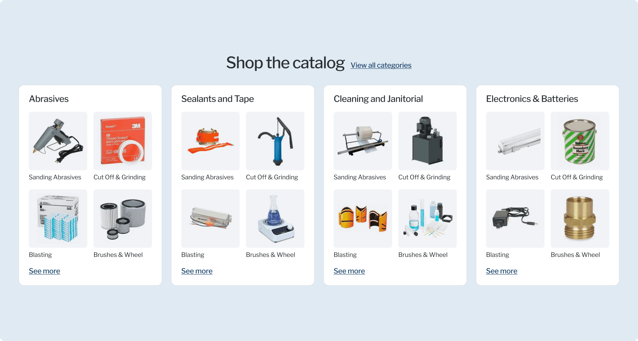 Metric Marine Shopify catalog page showing Abrasives, Sealants, Cleaning, and Electronics categories with subcategory grids