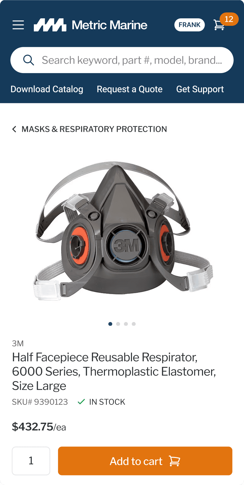 Metric Marine mobile product page for the 3M Respirator 6000 Series showing price, stock status, and Add to Cart