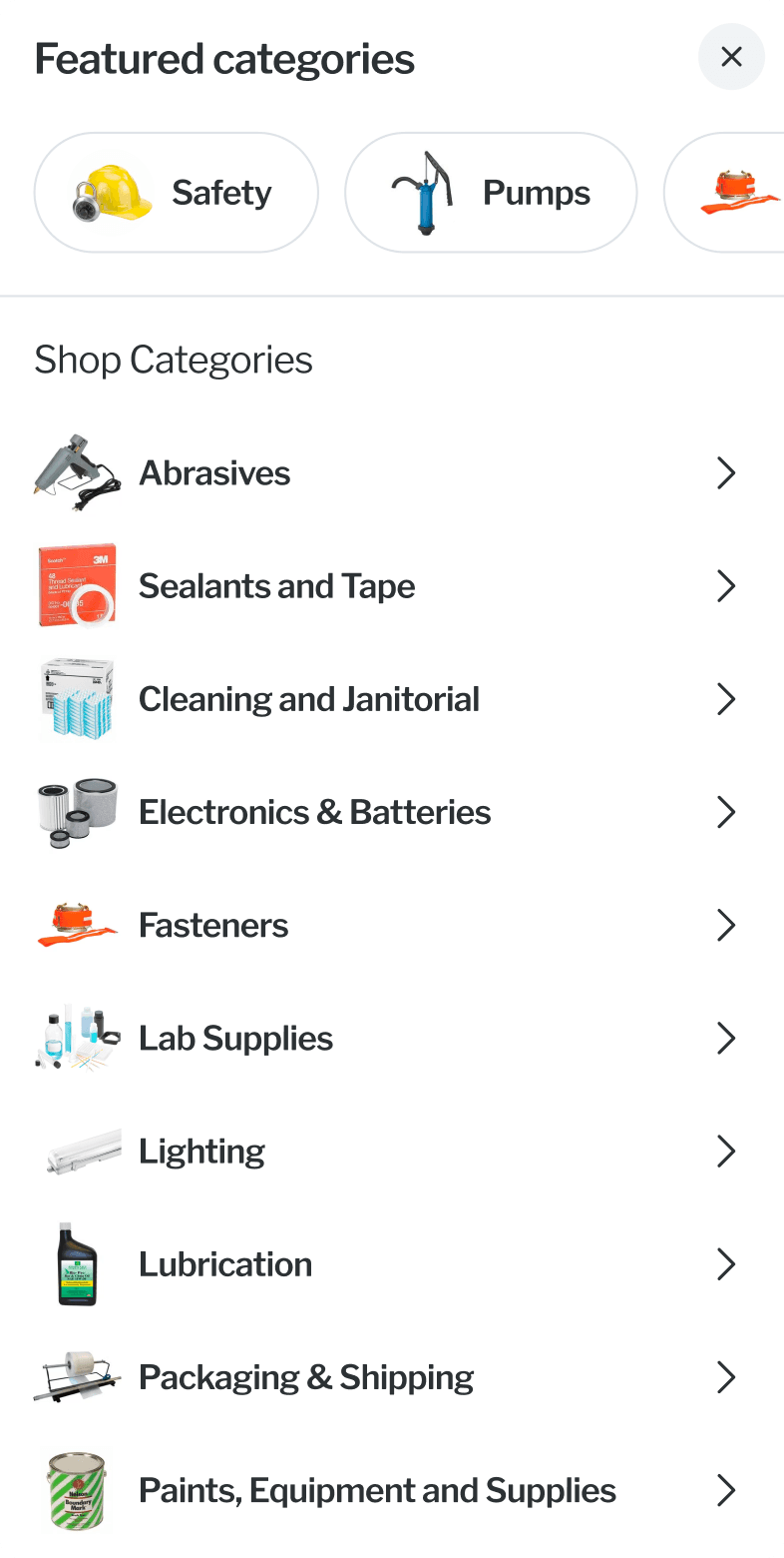 Metric Marine mobile navigation showing Featured categories and a full Shop Categories list with icons for each product type