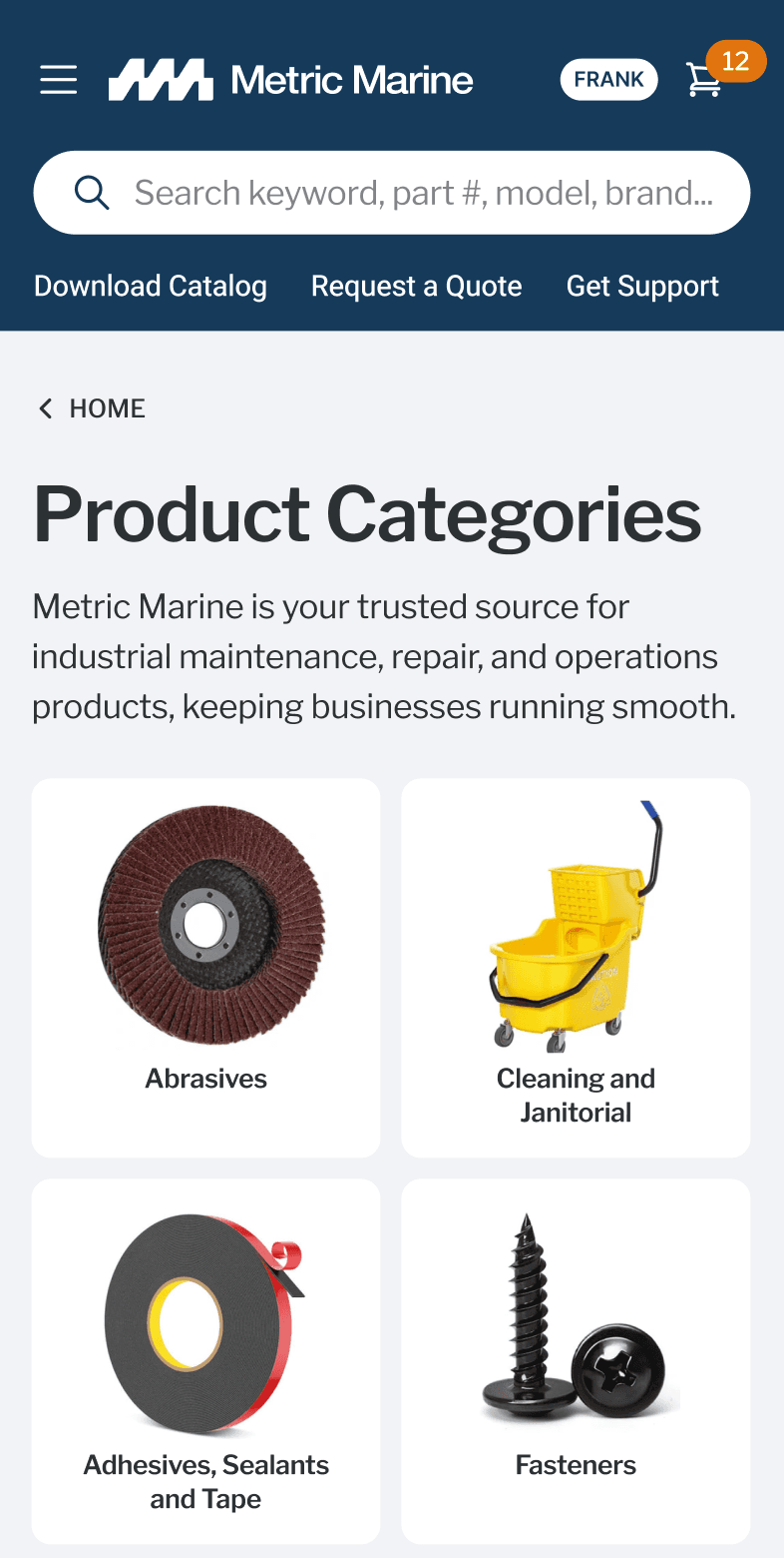 Metric Marine mobile Product Categories page showing Abrasives, Cleaning, Adhesives, and Fasteners category tiles