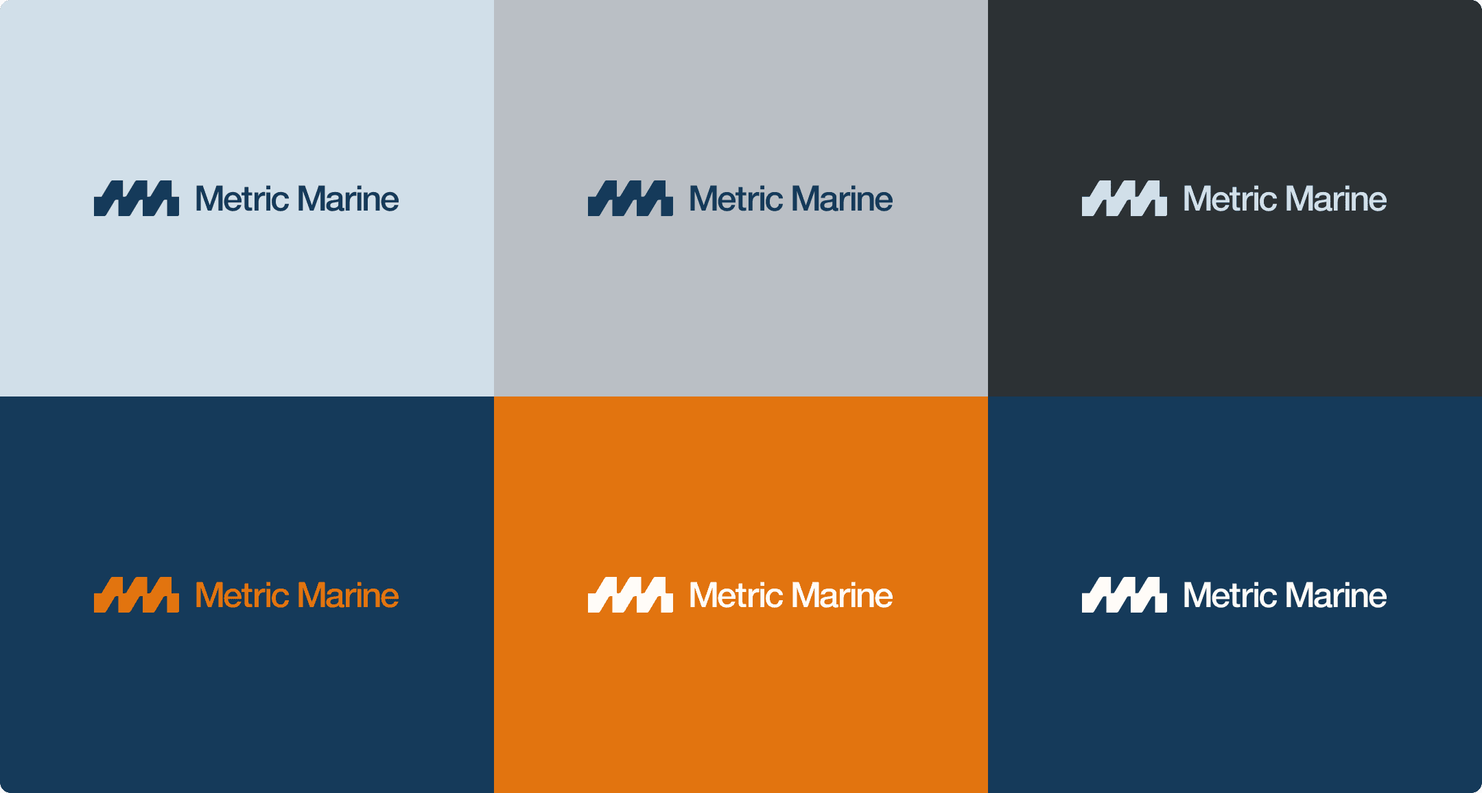 Metric Marine logo variations across six brand color backgrounds: light blue, gray, charcoal, navy, orange, and teal