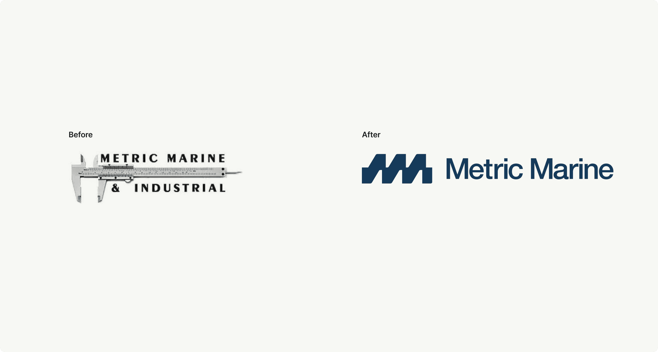 Metric Marine logo redesign, from a detailed caliper illustration to a clean navy wordmark with a geometric MM icon