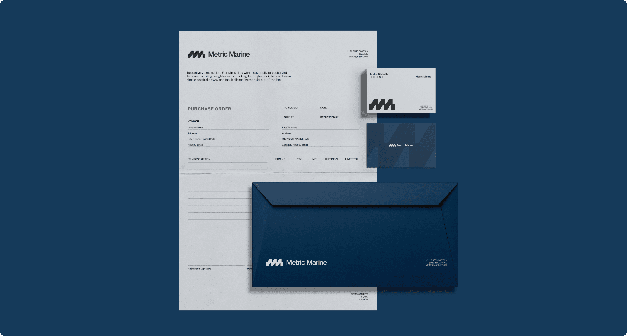 Metric Marine brand stationery set including a purchase order letterhead, business cards, and a navy branded envelope