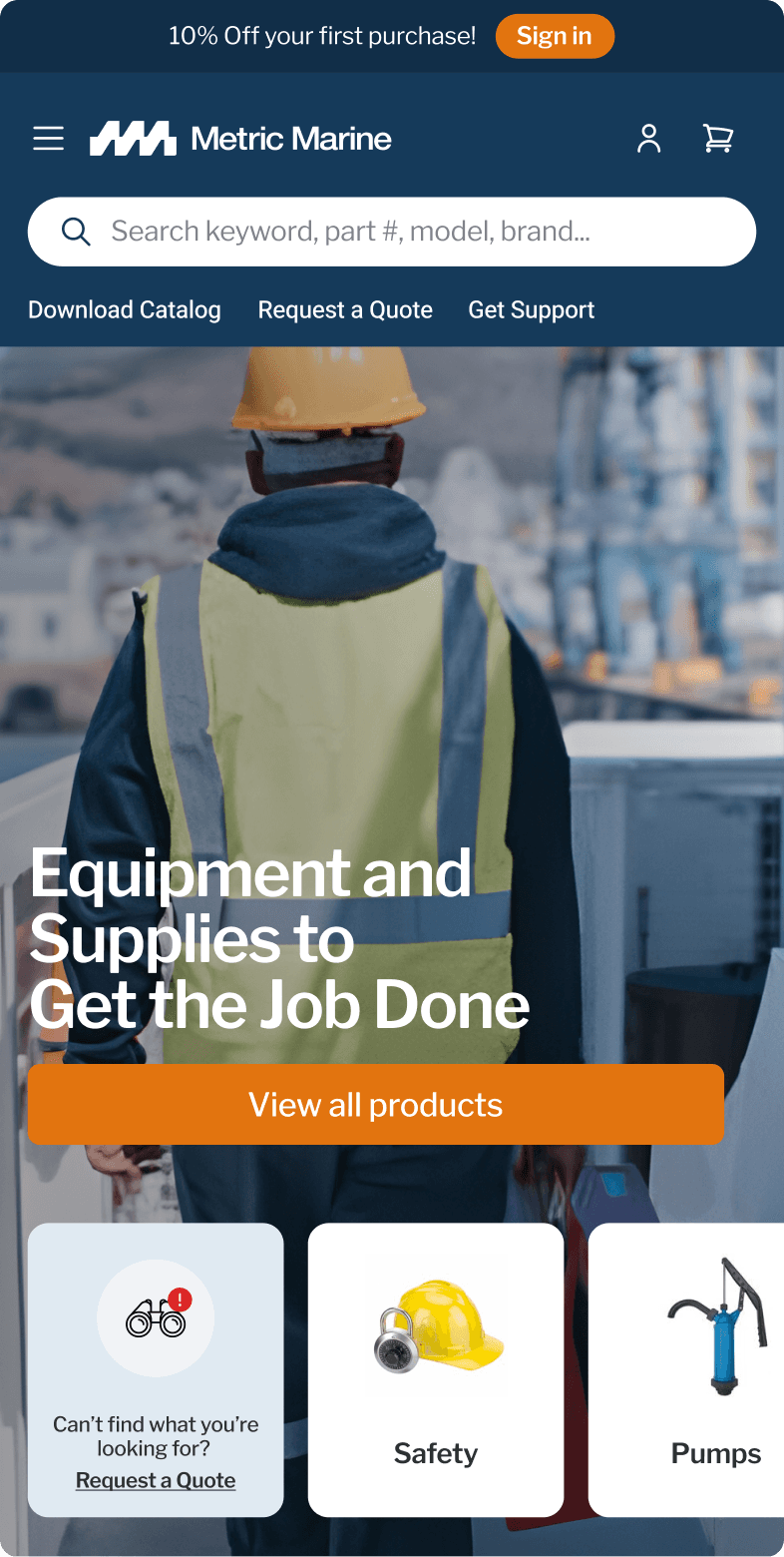 Metric Marine B2C mobile homepage hero with a worker in safety gear and headline Equipment and Supplies to Get the Job Done
