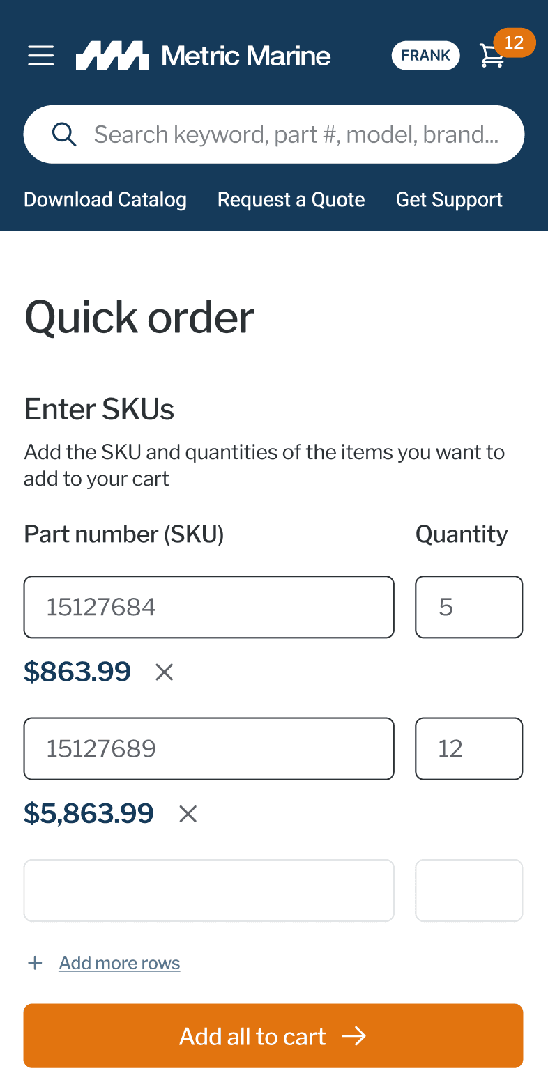 Metric Marine mobile Quick Order page with SKU and quantity fields, showing two B2B line items totaling over $6,700