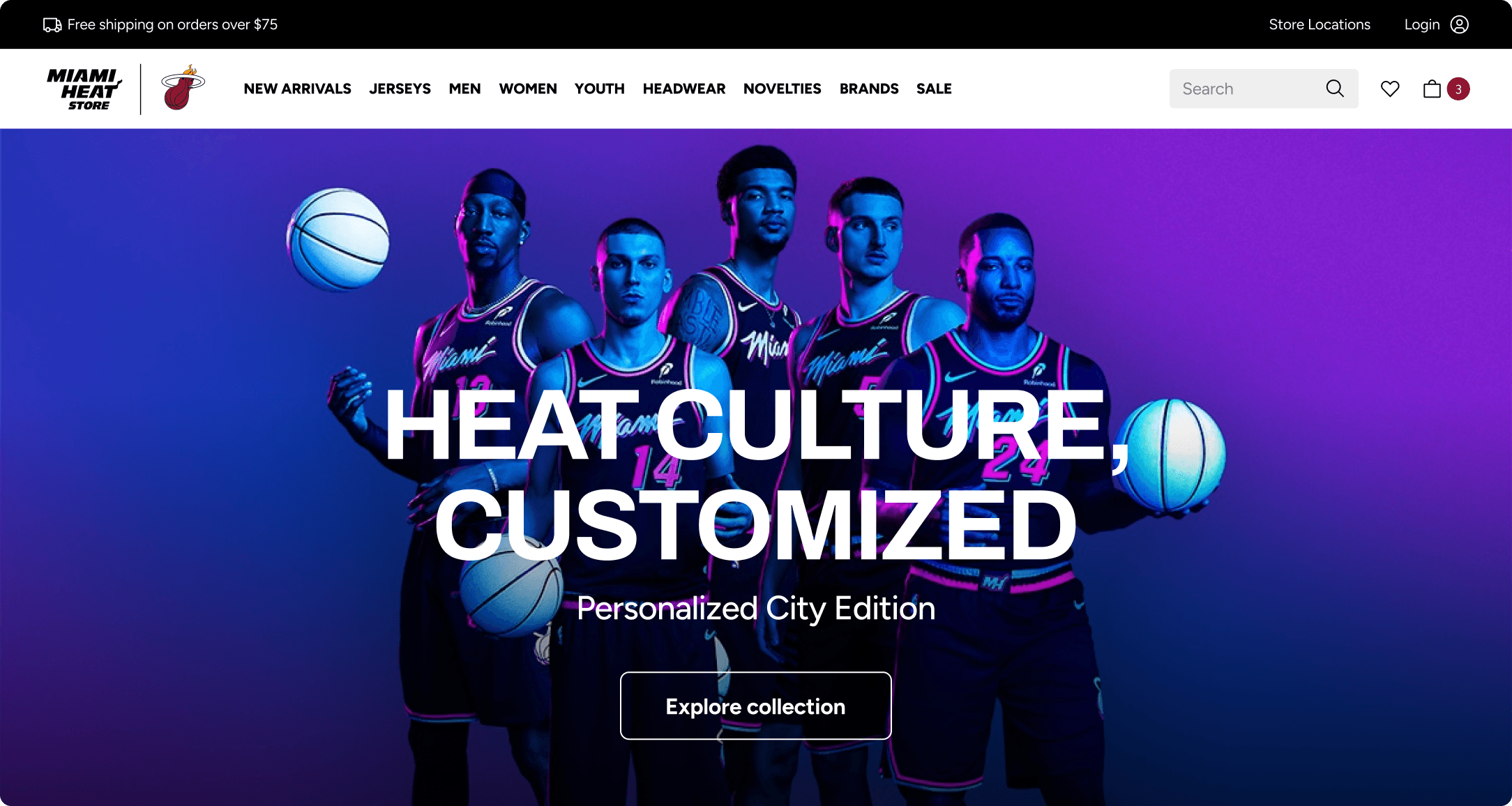 Miami Heat Store homepage featuring five players in City Edition jerseys under a "Heat Culture, Customized" headline