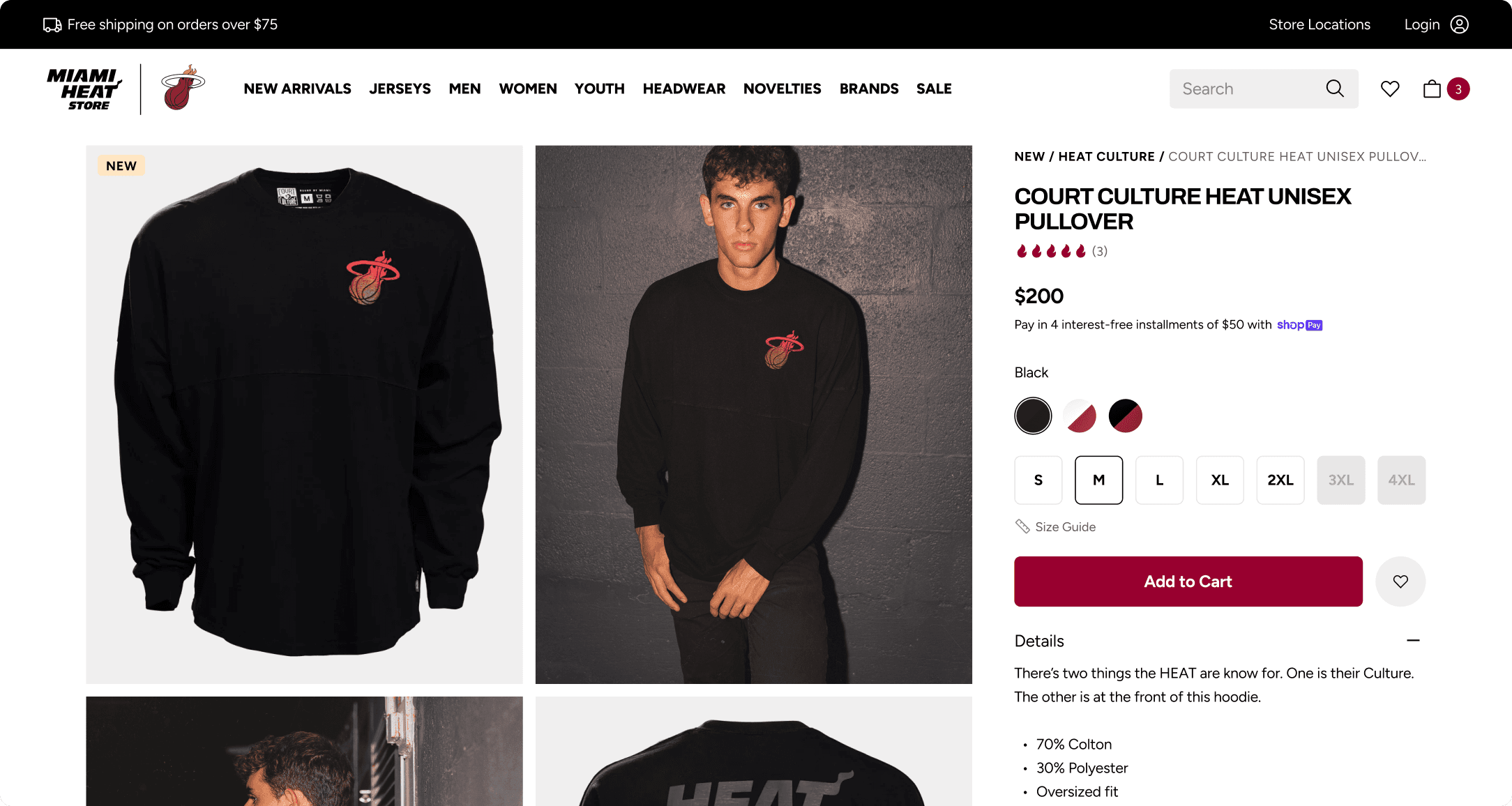 Miami Heat Store product detail page for the Court Culture Heat Unisex Pullover with size selector and Add to Cart button
