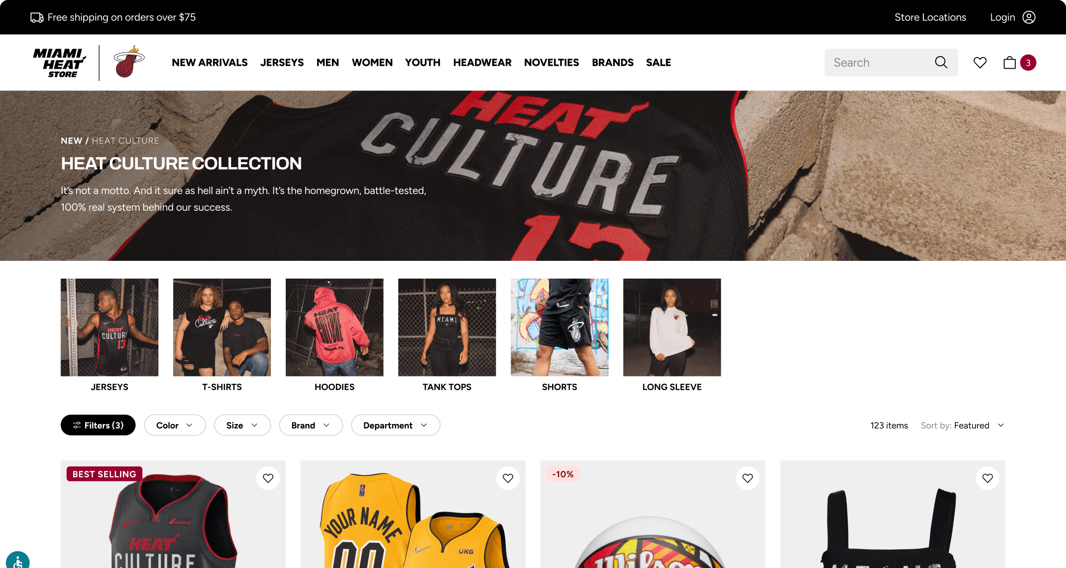 Miami Heat Store Heat Culture Collection page with category tiles for jerseys, t-shirts, hoodies, and product listing grid
