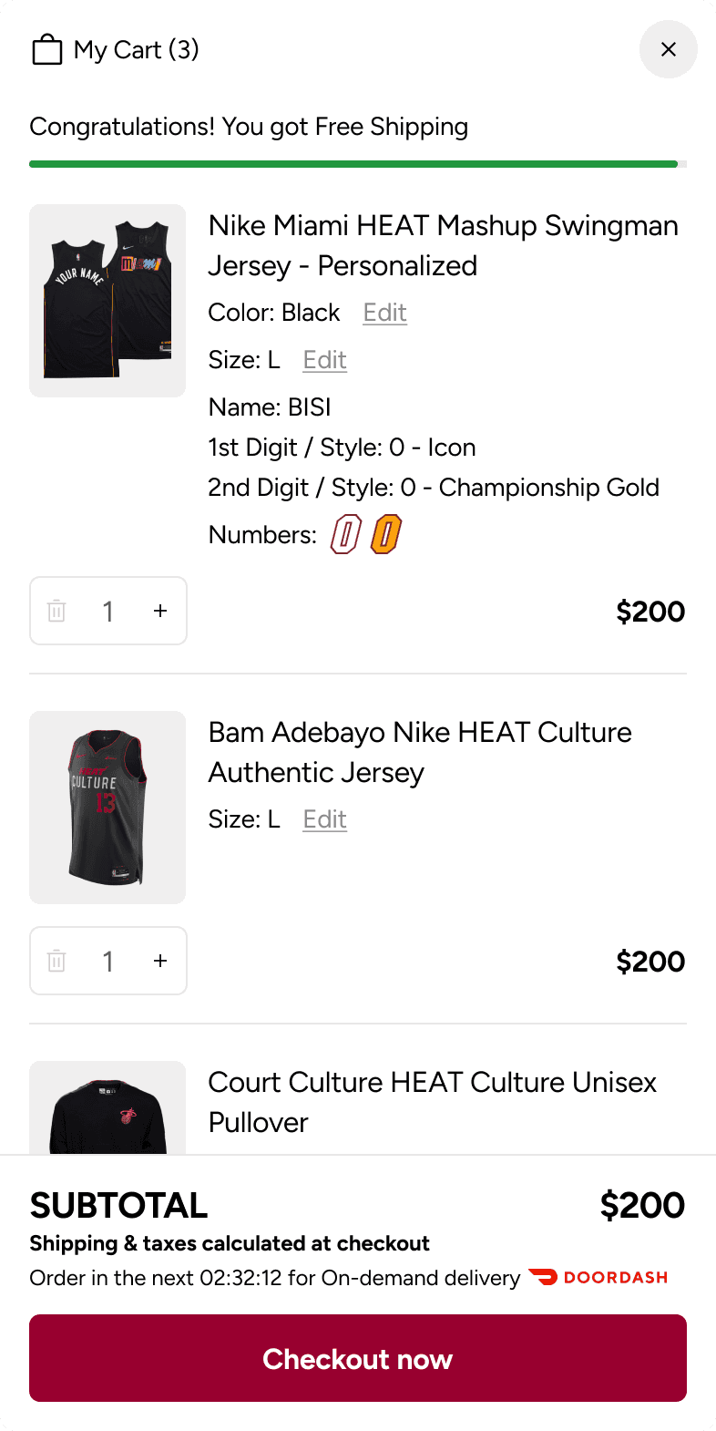 Miami Heat Store mobile cart with three items including a personalized Nike jersey and an authenticated jersey with subtotal