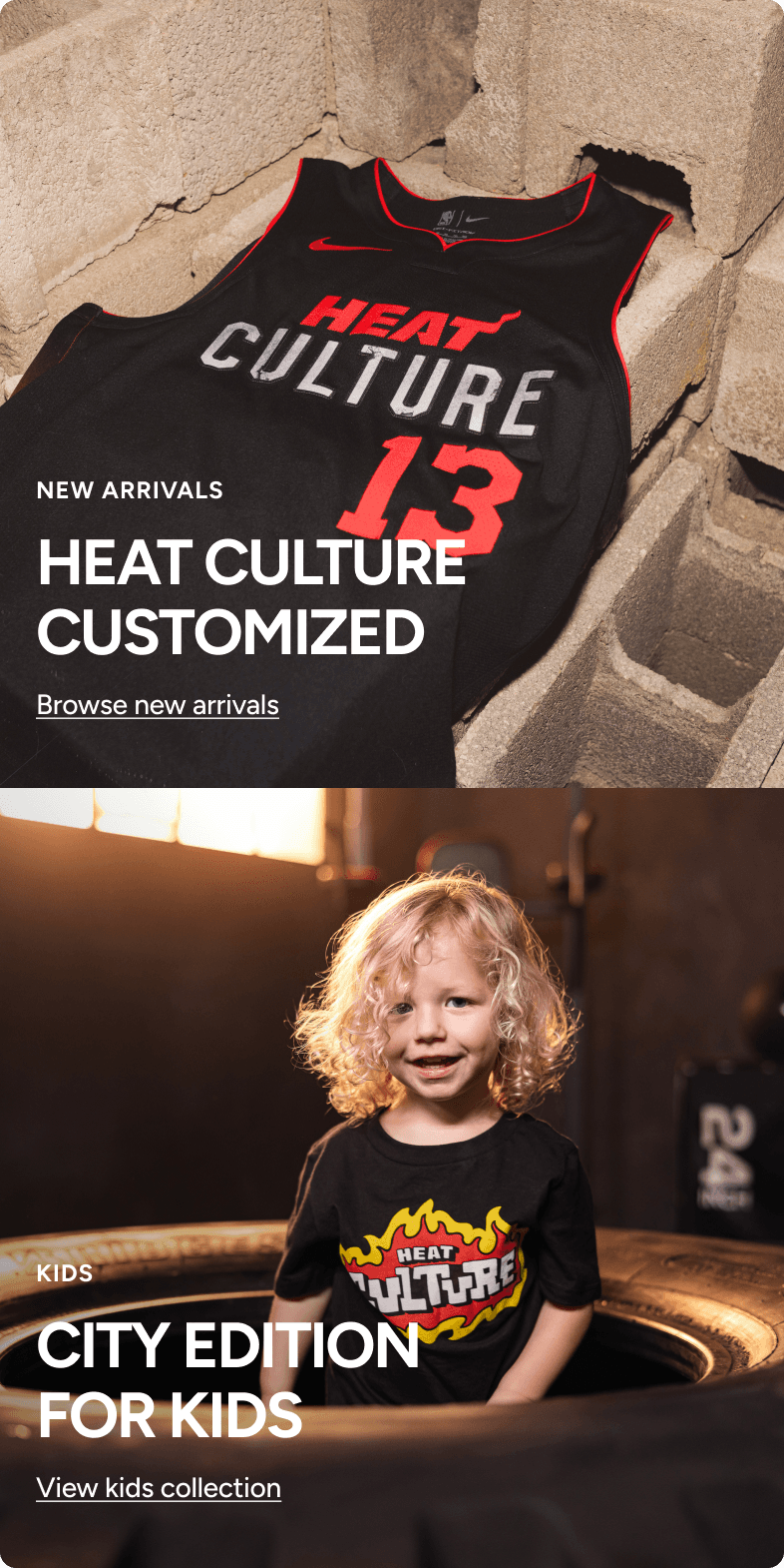 Miami Heat Store mobile homepage showing a Heat Culture jersey on a brick surface and a City Edition kids' tee lifestyle shot
