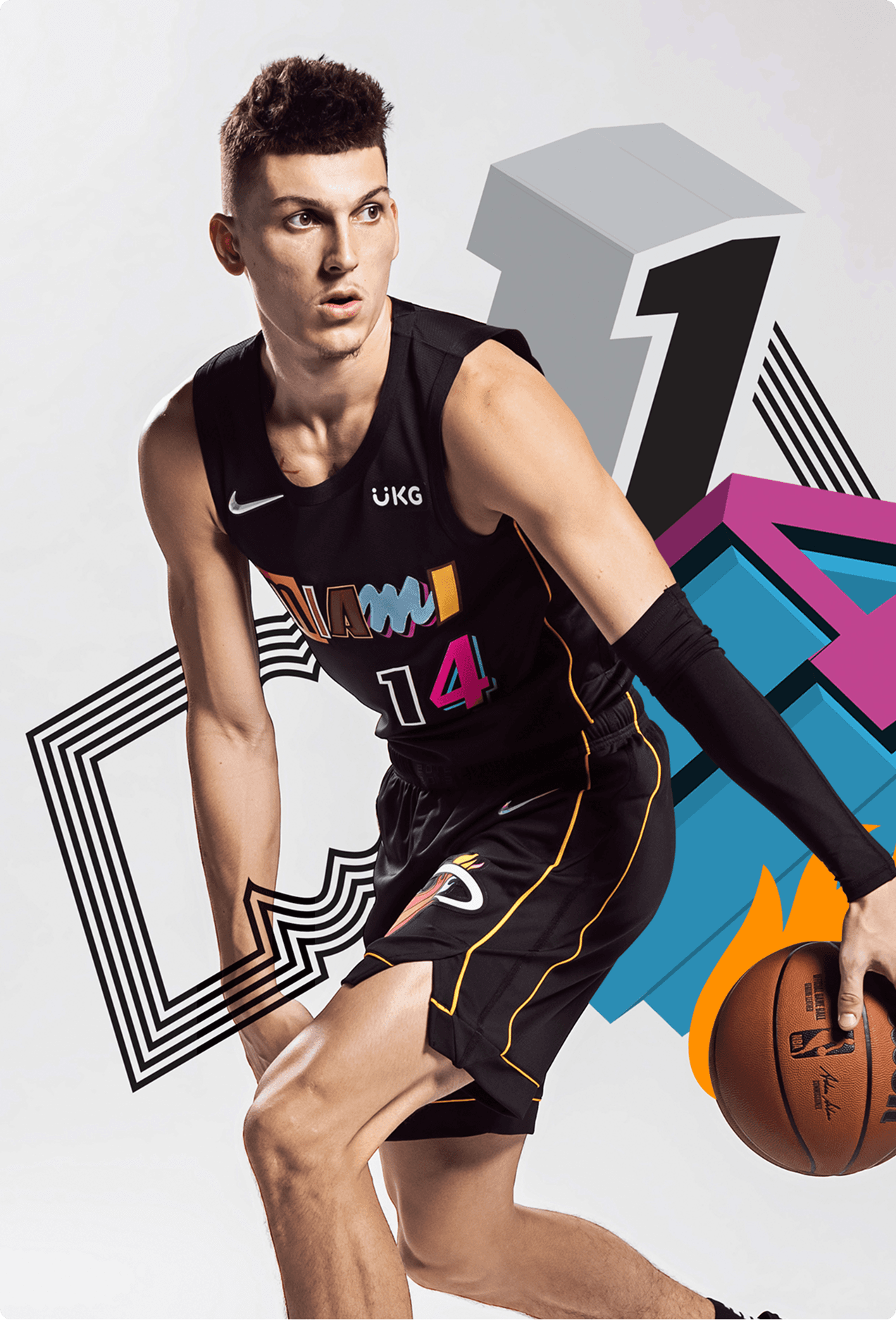 Miami Heat player wearing number 14 Vice City Edition jersey dribbling a basketball against a graphic design backdrop
