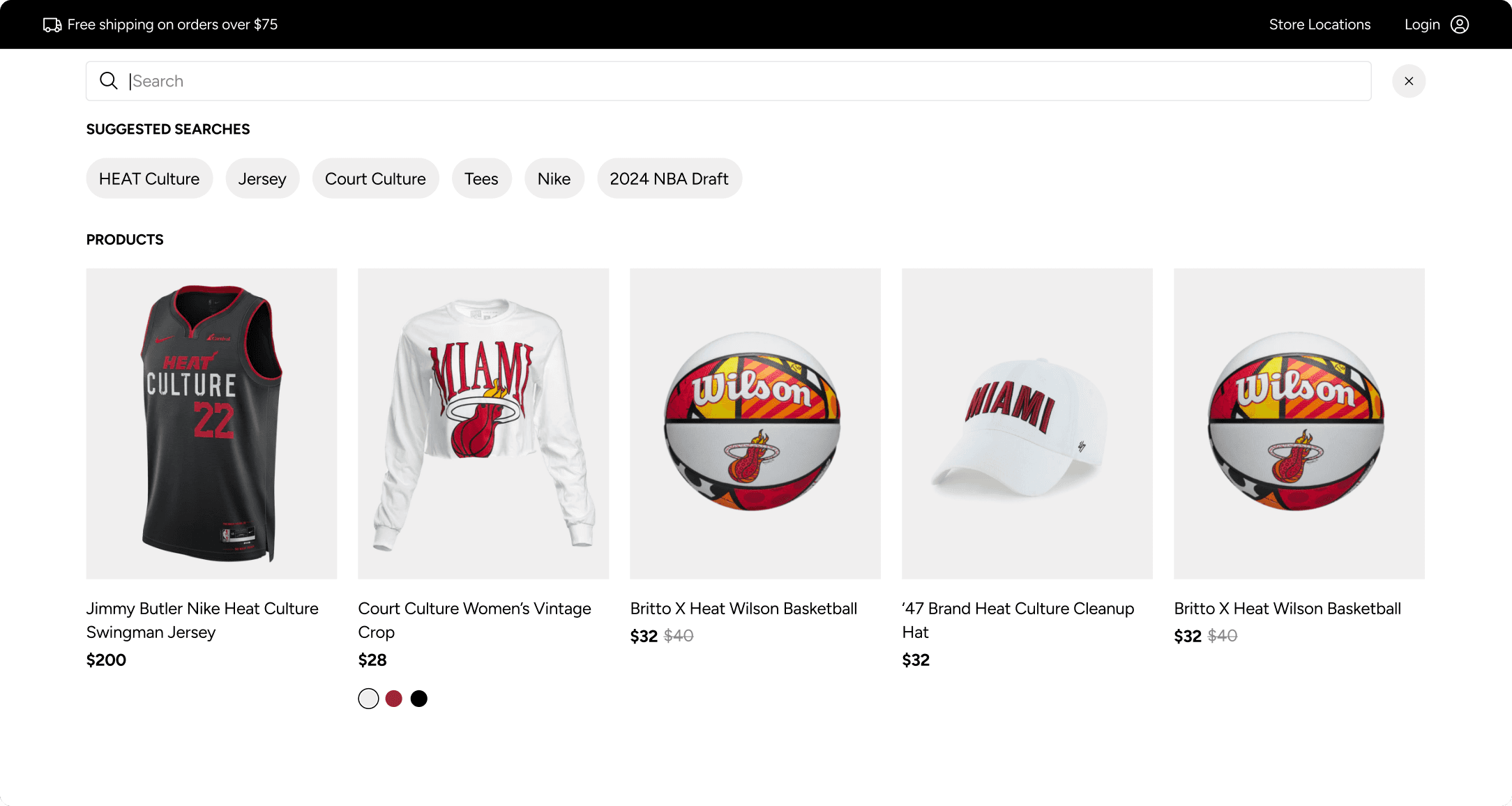 Miami Heat Store search results page with Klevu-powered suggestions for Heat Culture, jersey, Nike, and related products
