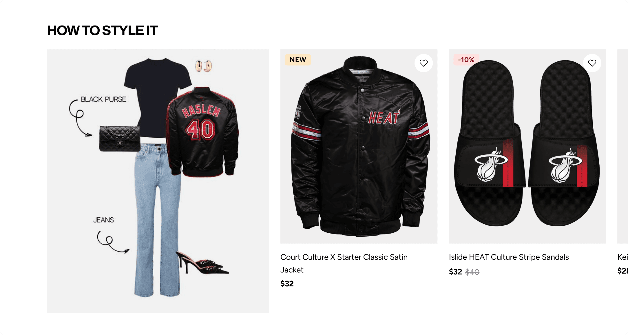 Miami Heat Store "How to Style It" section with an outfit guide beside a satin Court Culture jacket and HEAT slide sandals