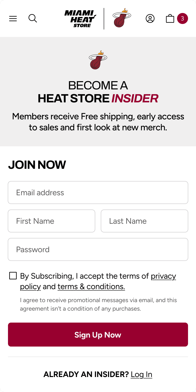 Miami Heat Store mobile Insider sign-up screen prompting fans to register for early access and free shipping perks