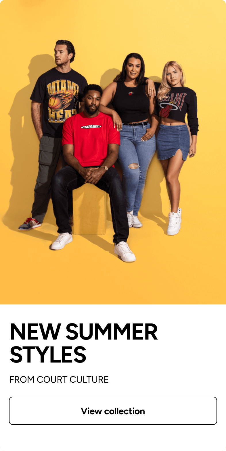Miami Heat Store mobile content card promoting new summer Court Culture styles with four models on a yellow background