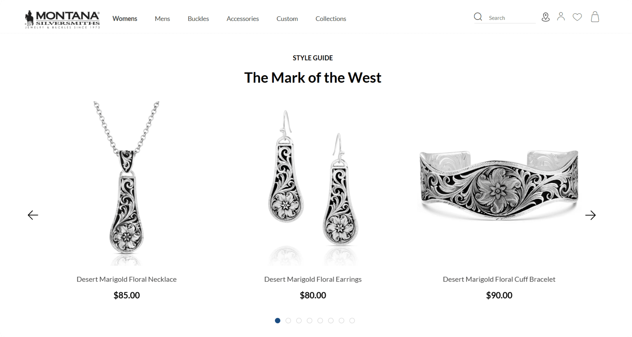 Montana Silversmiths style guide carousel showing Desert Marigold Floral necklace, earrings, and cuff bracelet