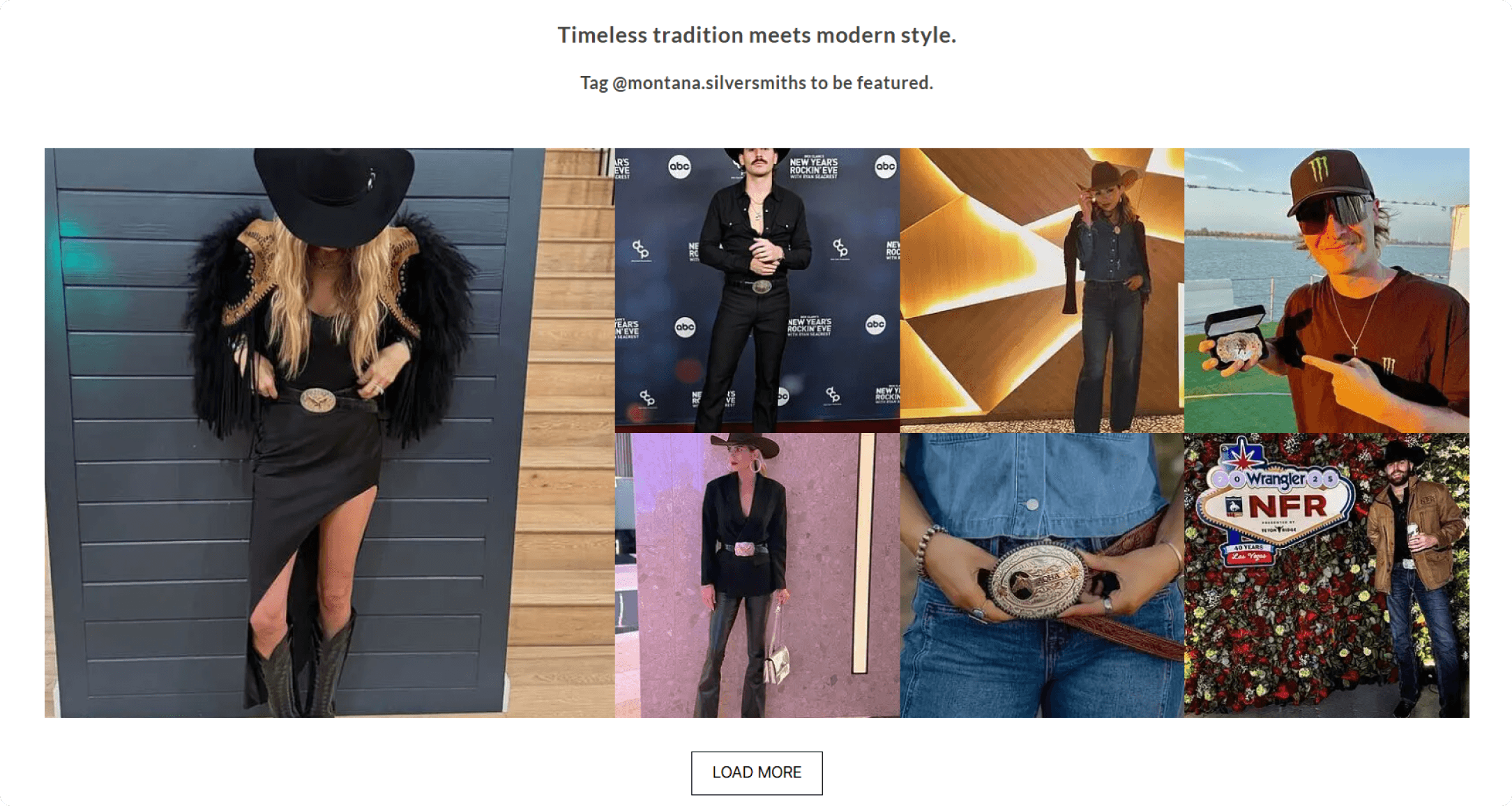 Montana Silversmiths social feed grid with six customer photos wearing western jewelry and belt buckles at events