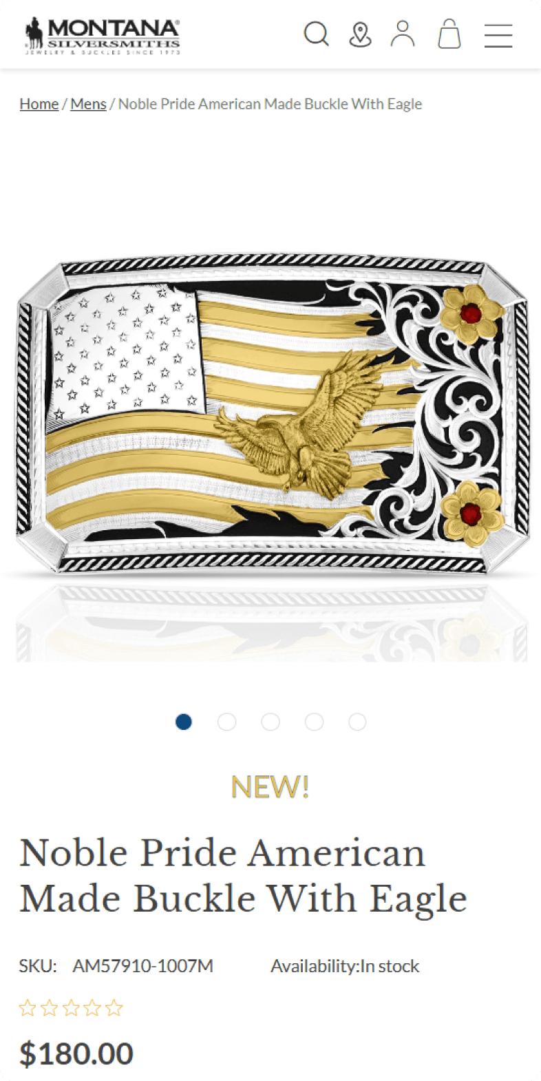 Montana Silversmiths mobile product page for Noble Pride American Made Eagle Buckle in silver and gold with red accents, $180