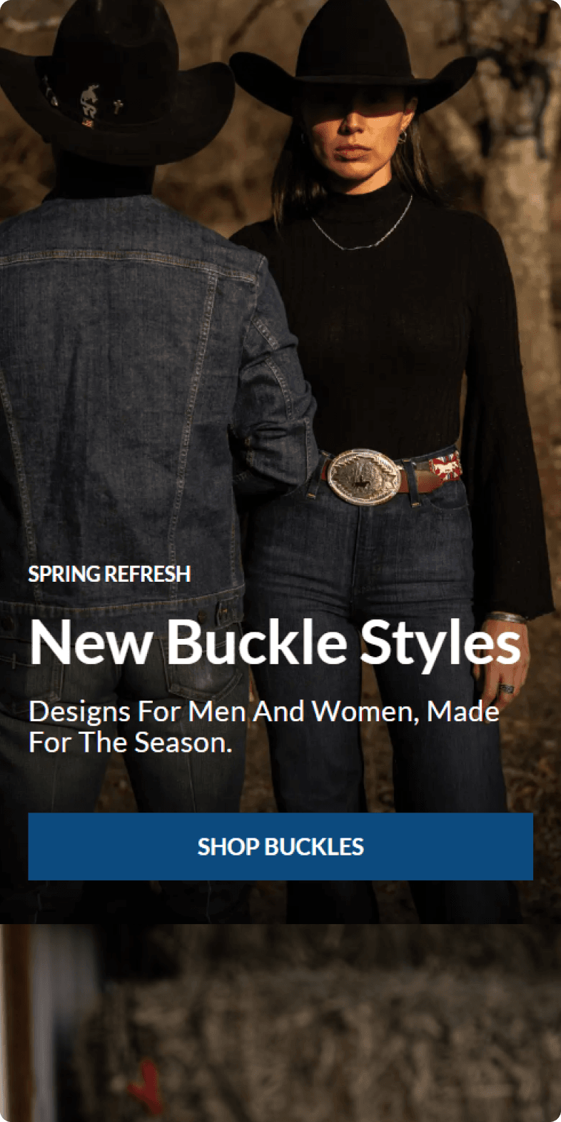 Montana Silversmiths mobile banner promoting New Buckle Styles for men and women, with a couple in denim western wear
