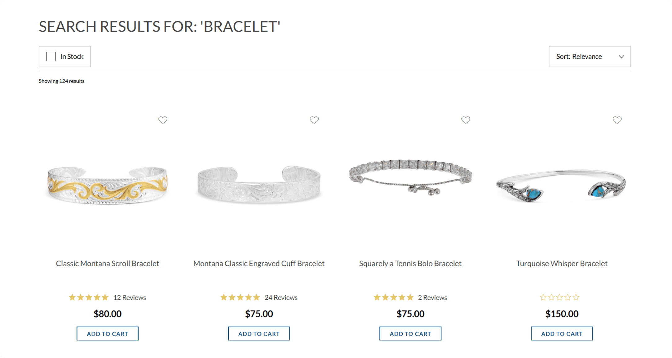 Montana Silversmiths bracelet search results page showing four styles including Classic Scroll, Turquoise, and Bolo bracelets