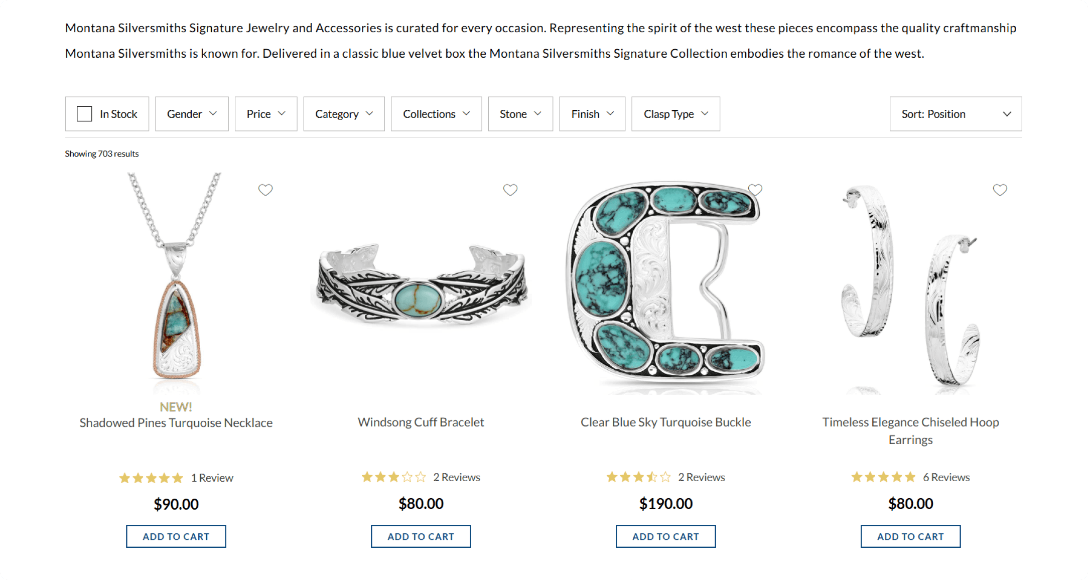 Montana Silversmiths Signature Collection page displaying turquoise necklace, cuff bracelet, buckle, and hoop earrings