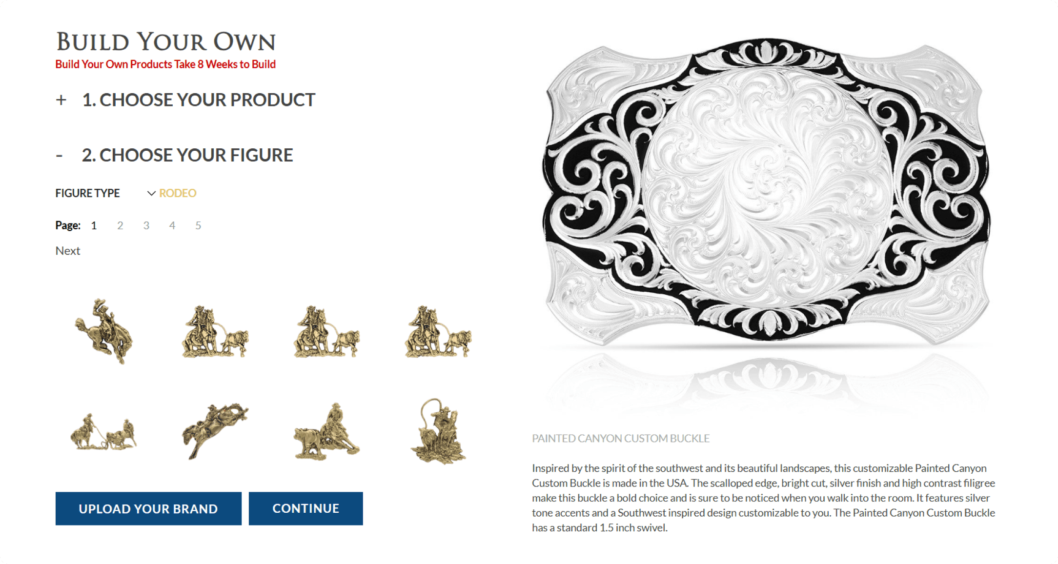 Montana Silversmiths Build Your Own buckle configurator with rodeo figure options and a Painted Canyon buckle preview
