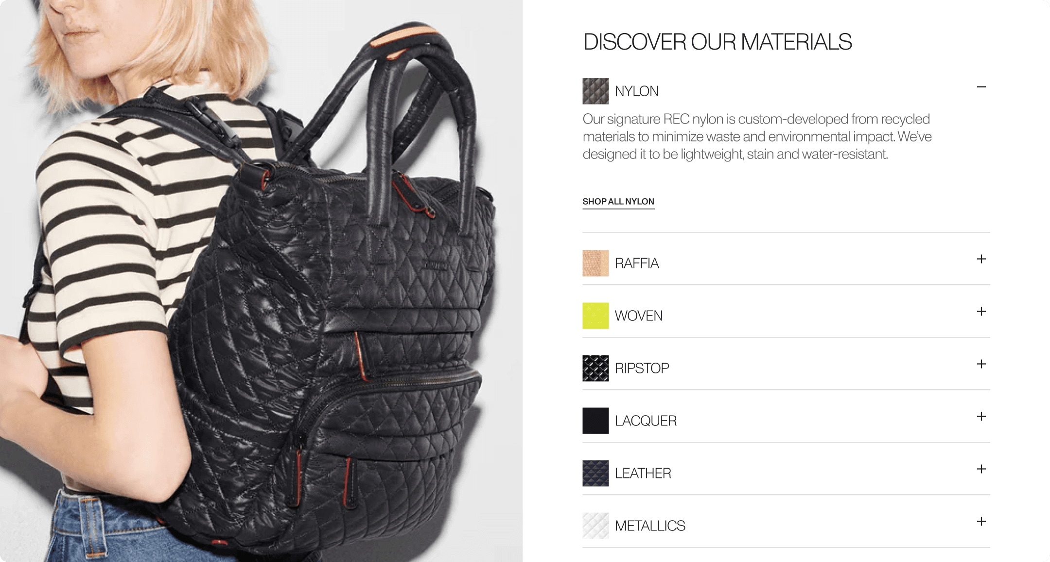 MZ Wallace product page showing a quilted nylon backpack worn by a model alongside an expandable materials guide