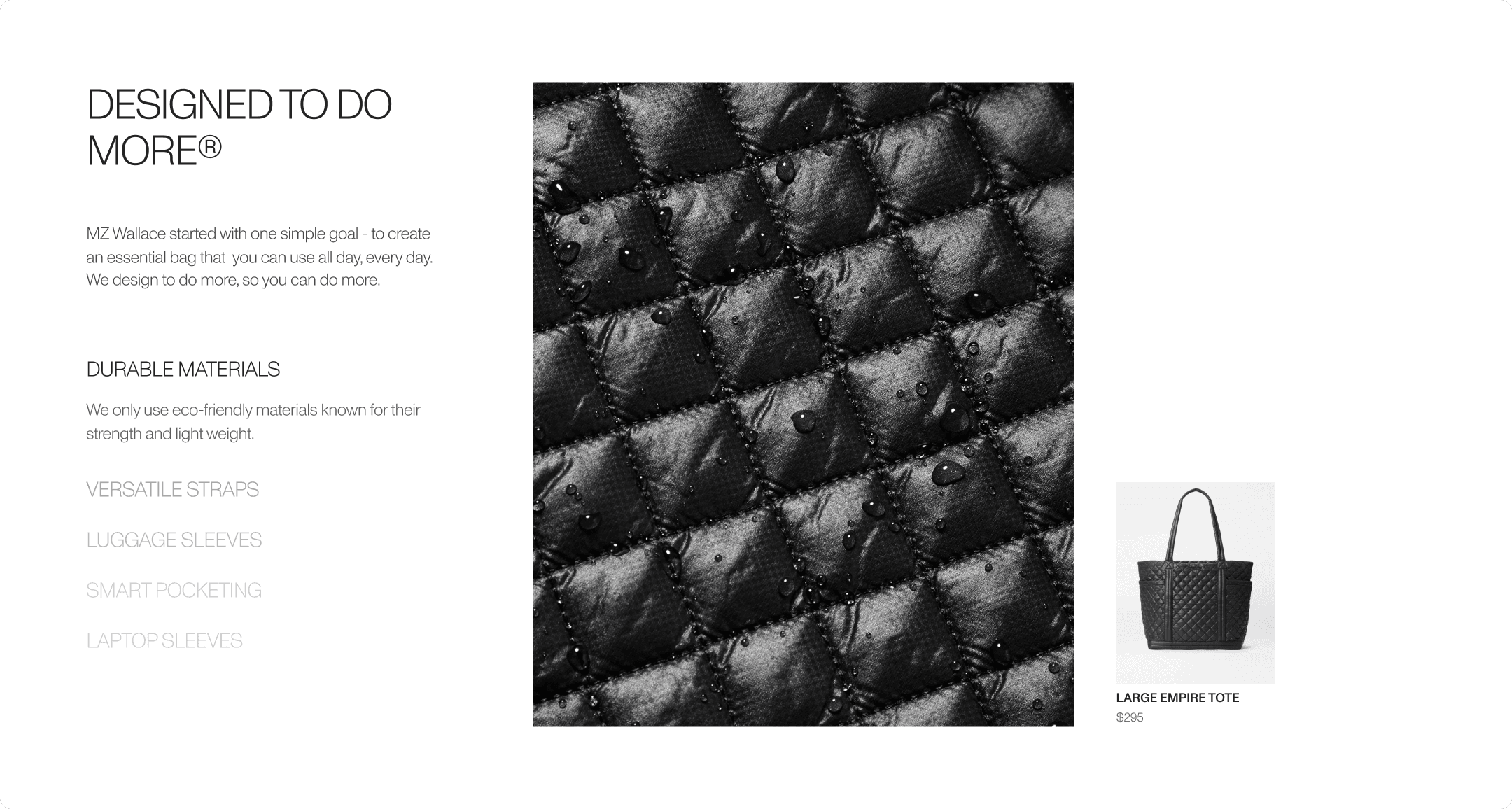 MZ Wallace brand page with a close-up of quilted lacquer nylon and a large Empire Tote inset, highlighting durable materials