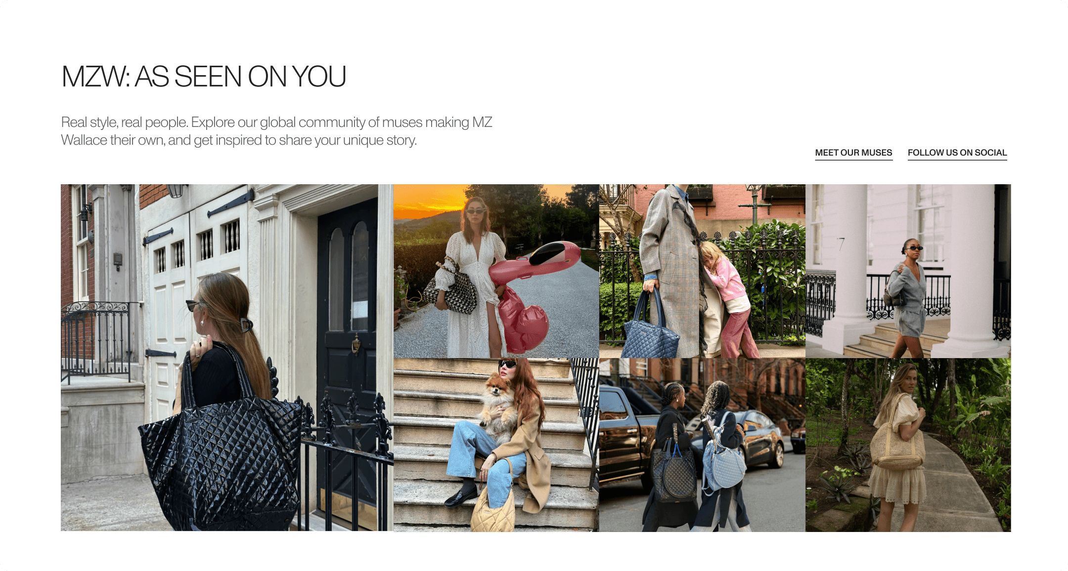 MZ Wallace "As Seen on You" community page showing a grid of customers wearing bags in street style settings