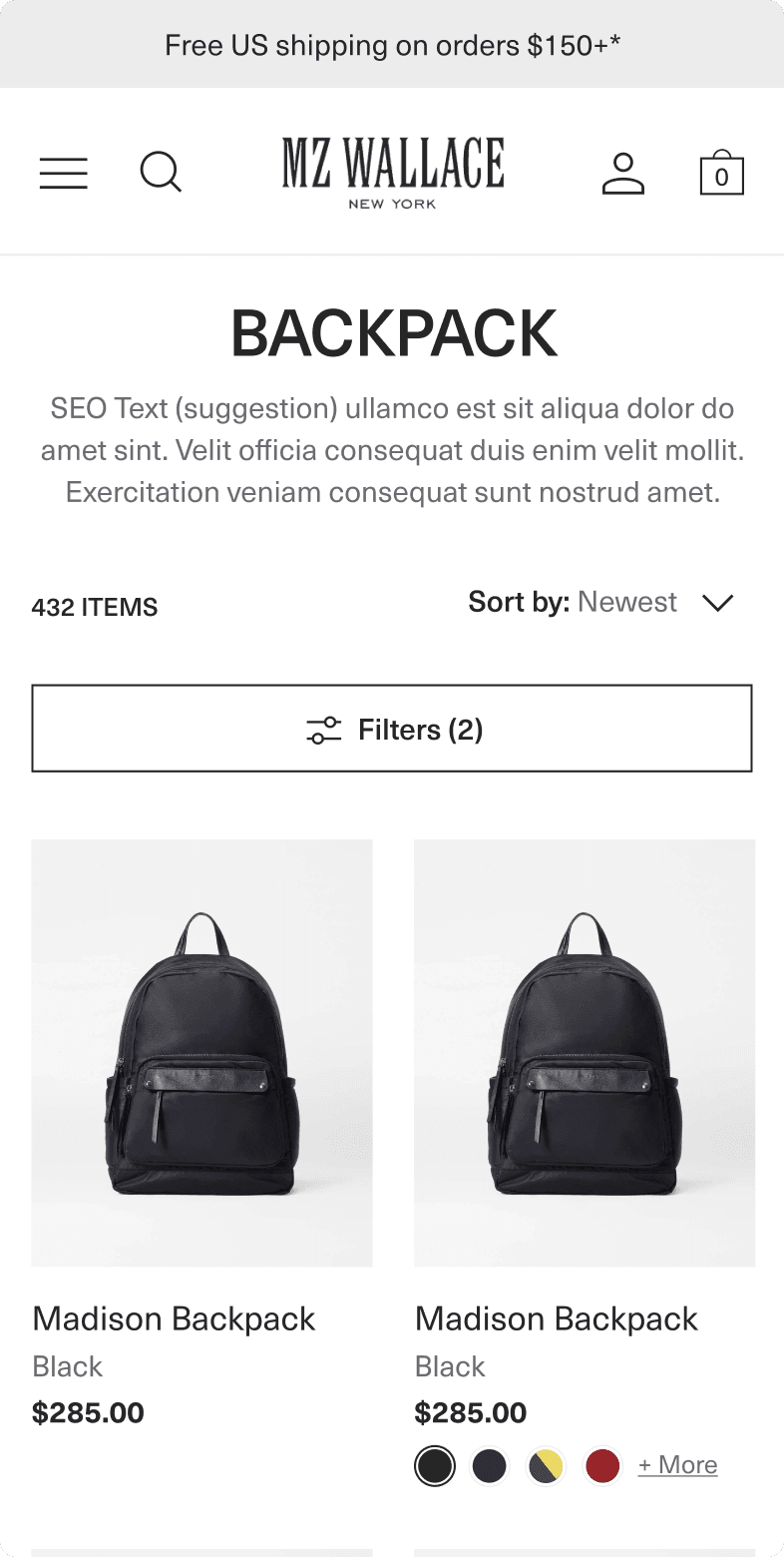 MZ Wallace mobile backpack category page on Shopify Plus with product grid showing Madison Backpack options and filters
