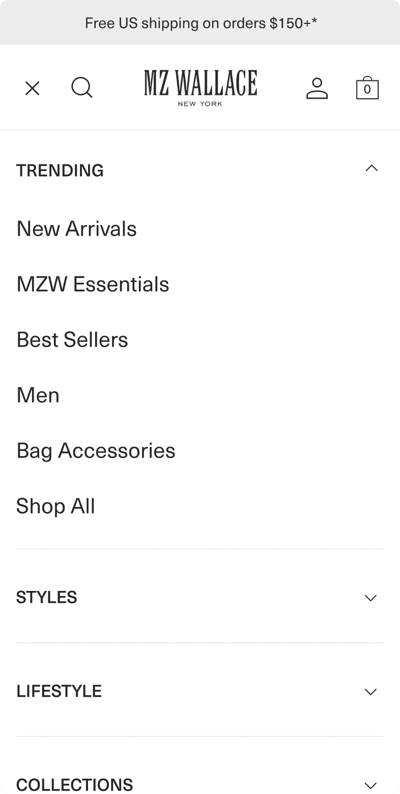 MZ Wallace mobile navigation menu open with Trending, Styles, Lifestyle, and Collections categories listed