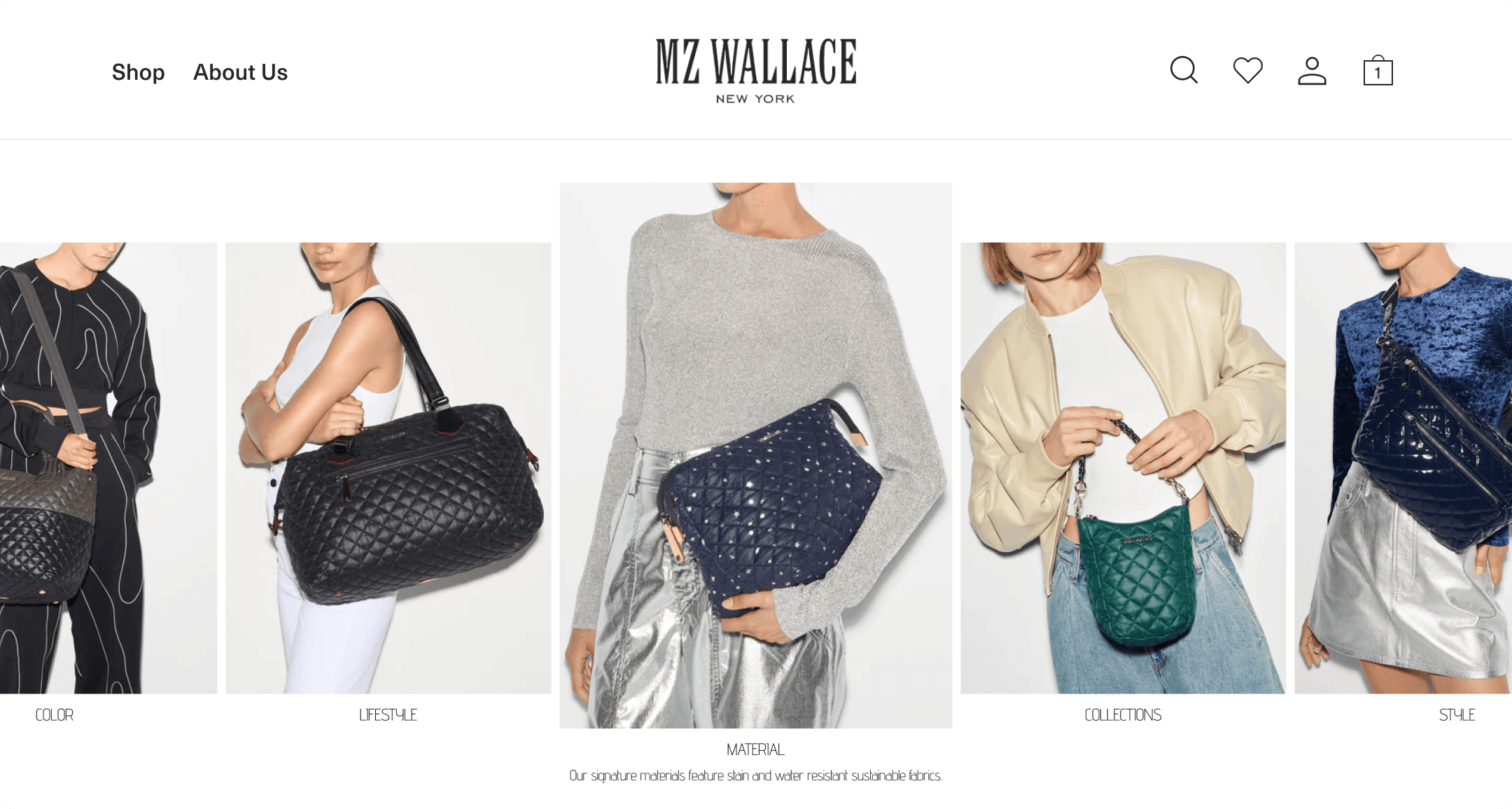 MZ Wallace Shopify Plus homepage showing five models each carrying a different bag style with shop-by-category navigation