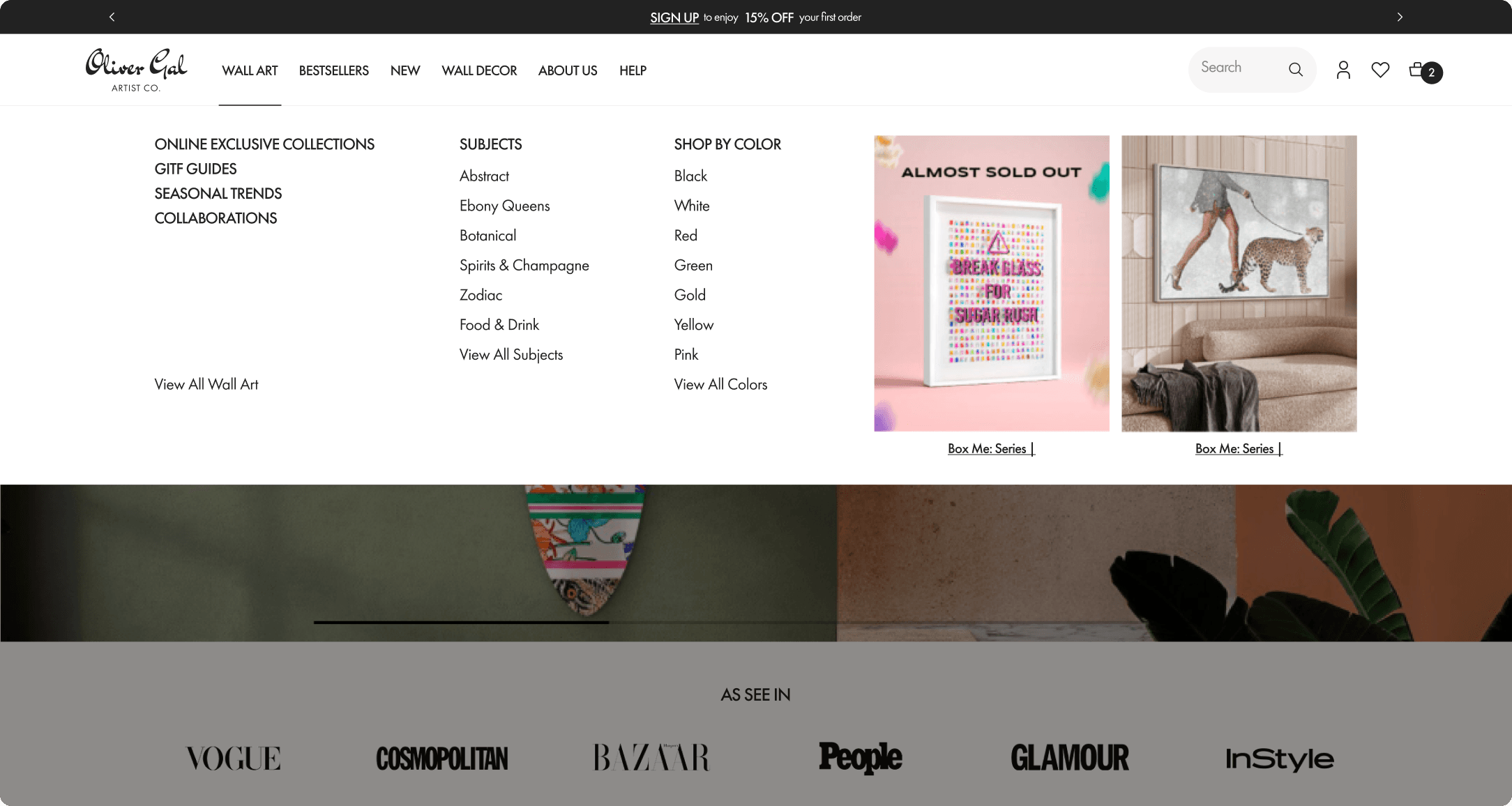 Oliver Gal desktop navigation mega-menu open on Wall Art category, showing collections, subjects, and shop-by-color options