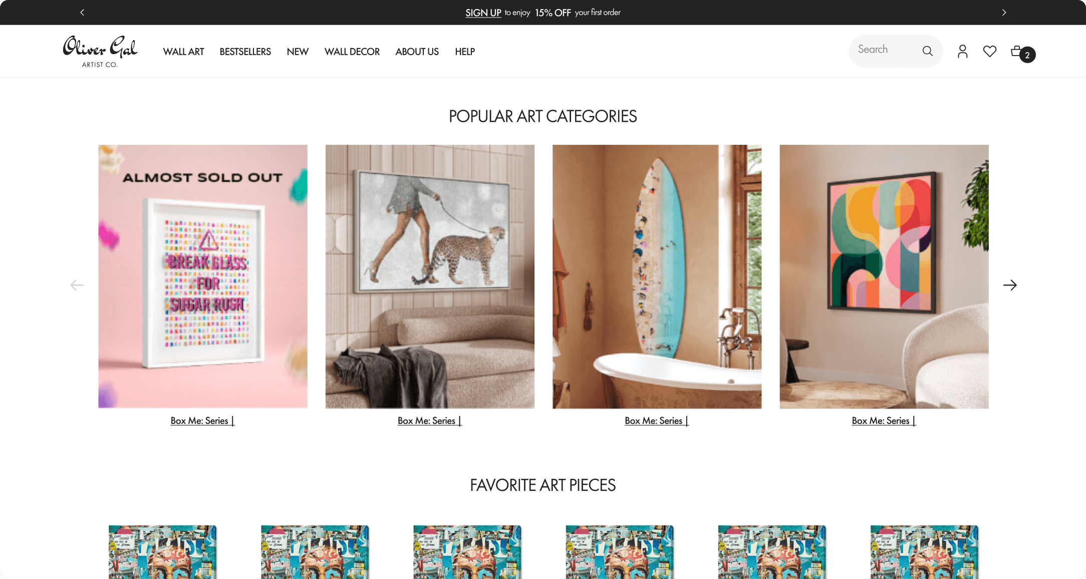 Oliver Gal Popular Art Categories page with Abstract, African American, and Animals style tiles and framed art previews