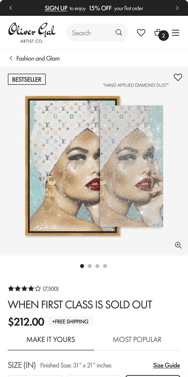Oliver Gal mobile product page for When First Class Is Sold Out, a bestselling diamond-dust framed art piece priced at $212