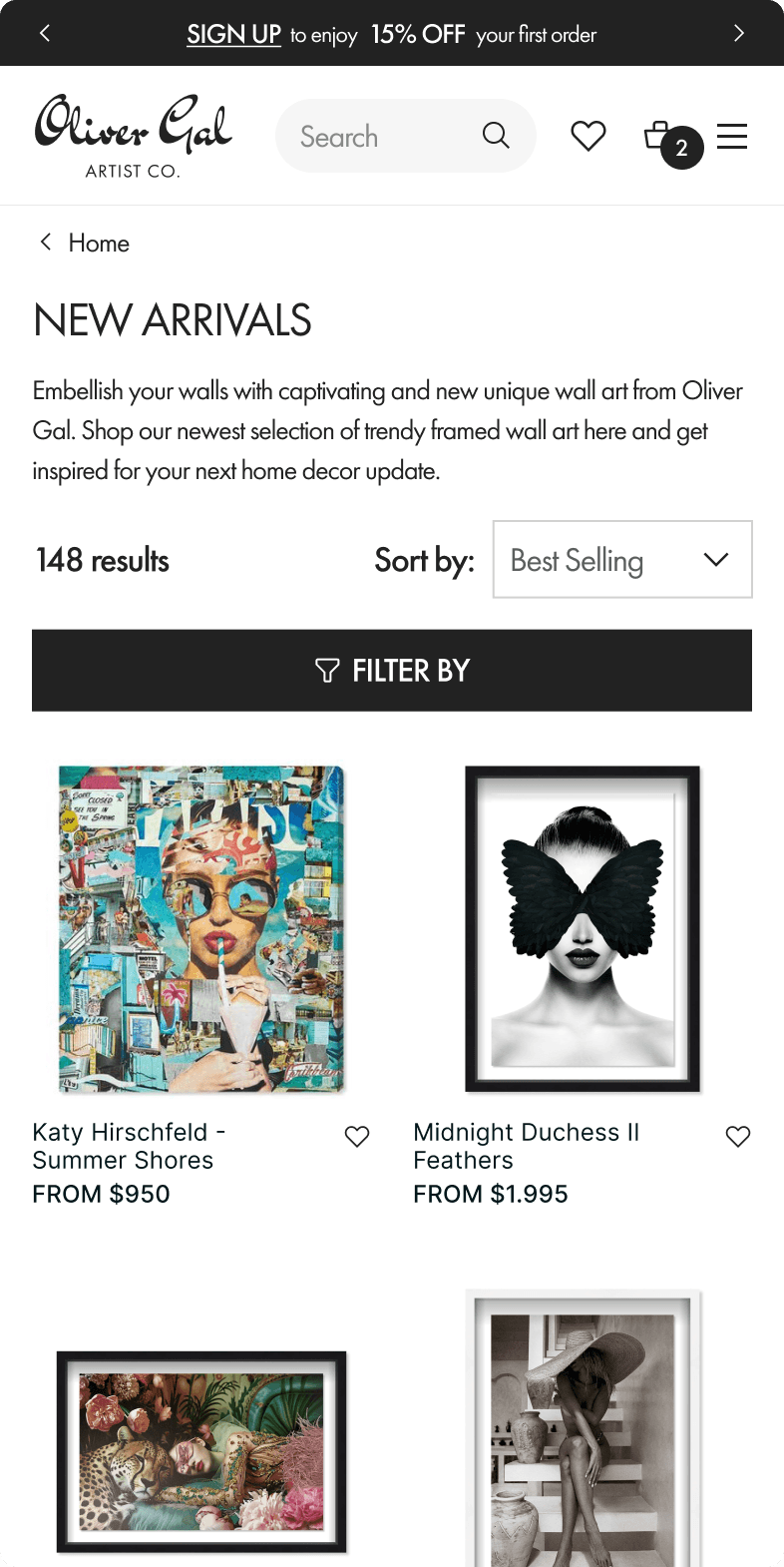 Oliver Gal mobile New Arrivals page showing 148 results including Katy Hirschfeld and Midnight Duchess framed wall art pieces