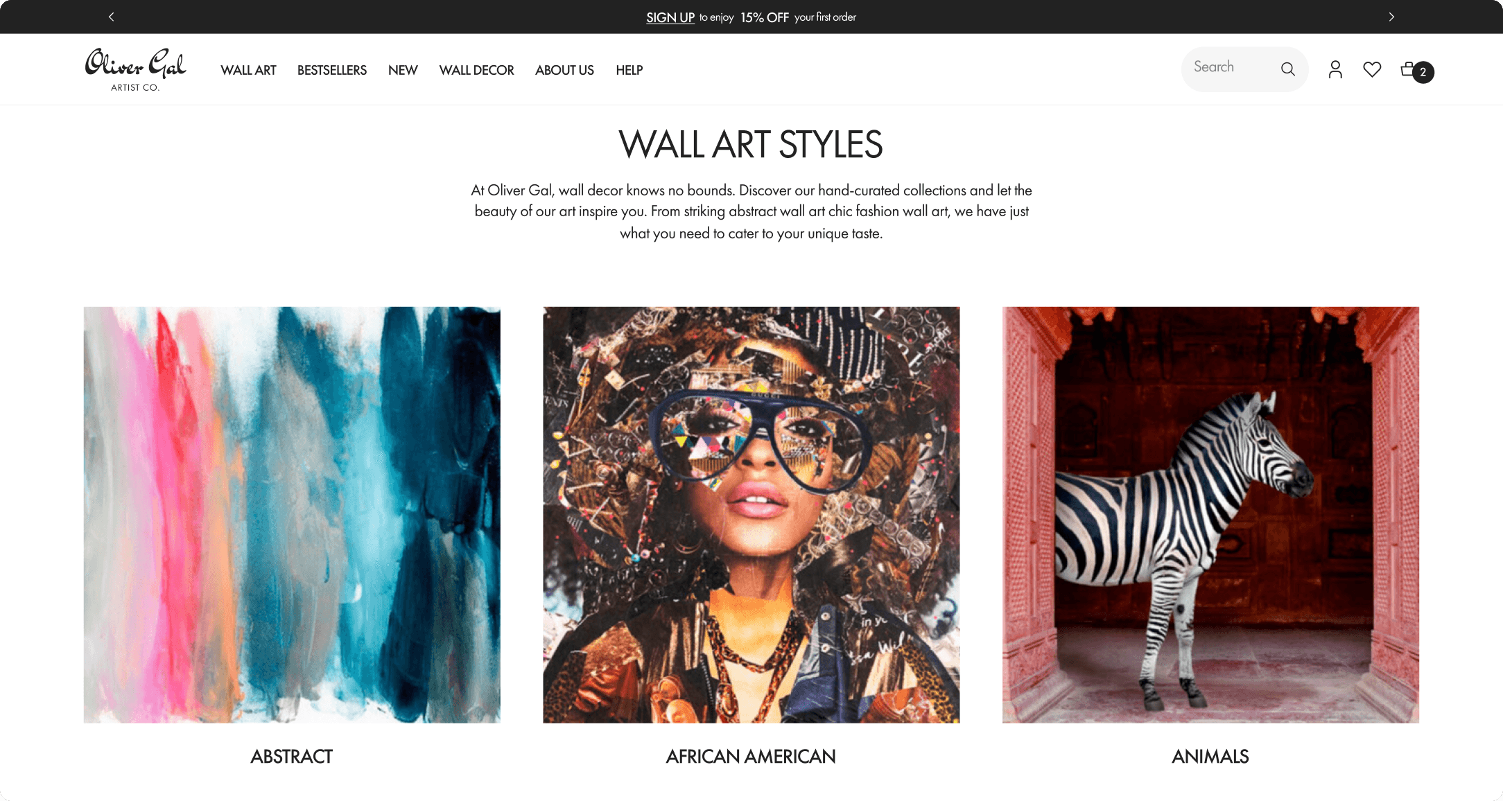 Oliver Gal Wall Art Styles page showing Abstract, African American, and Animals categories with curated editorial imagery