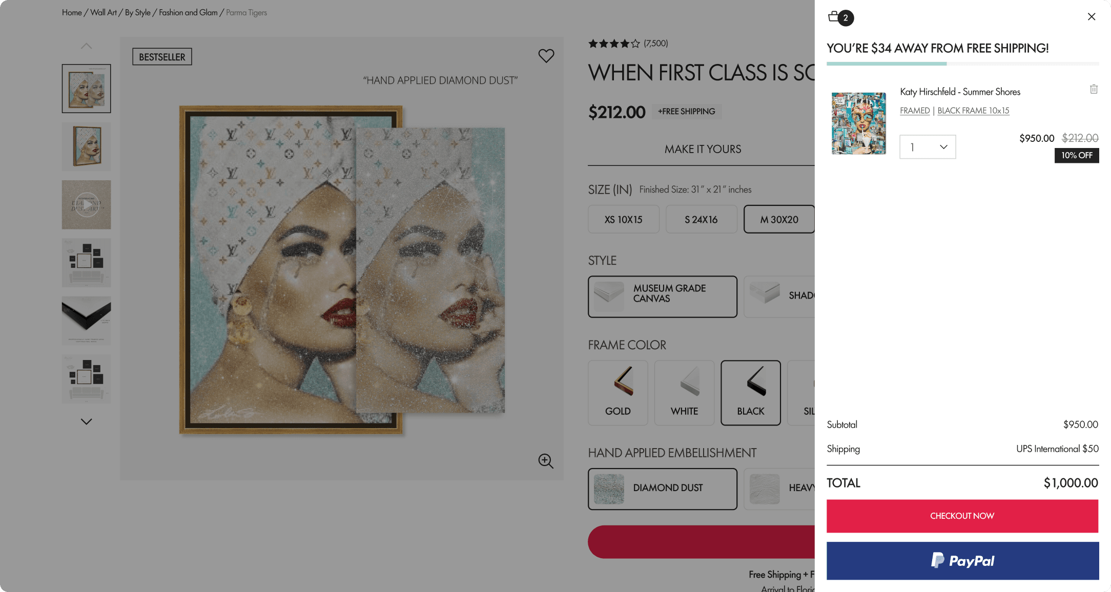 Oliver Gal product detail for When First Class Is Sold Out with size, style, and frame color options and a mini cart overlay