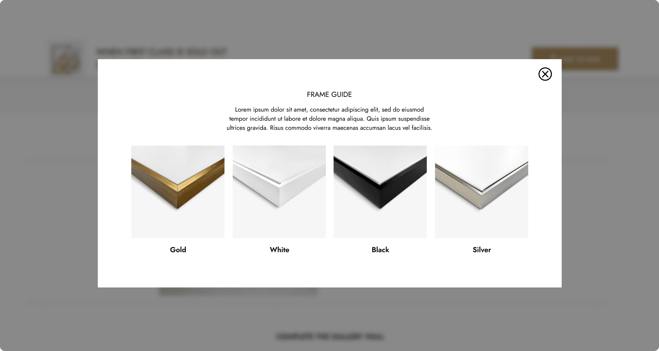 Oliver Gal Frame Guide modal showing Gold, White, Black, and Silver corner samples for customer frame selection