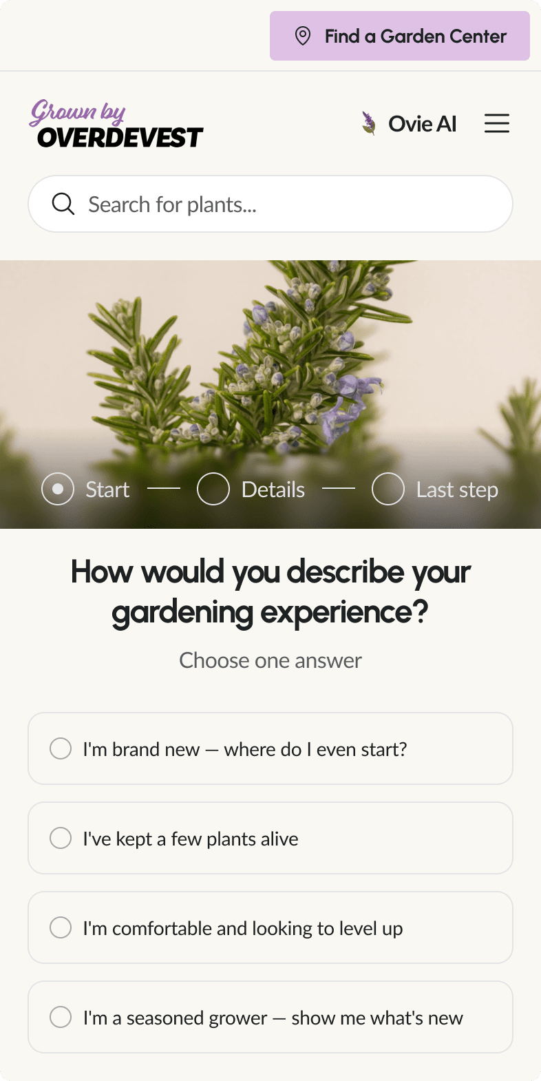 Overdevest mobile quiz screen asking about gardening experience level, with four self-assessment answer choices
