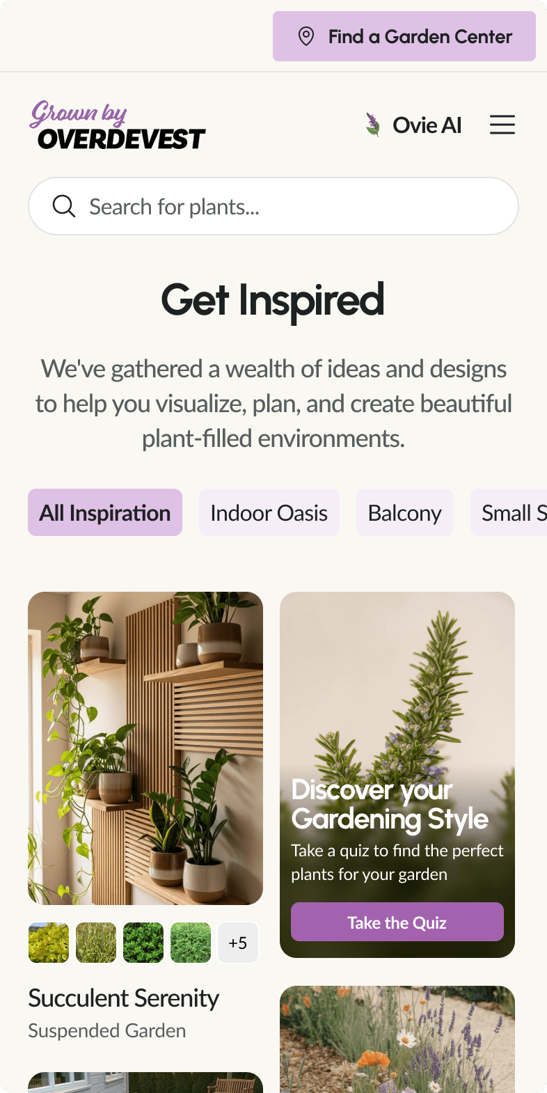 Overdevest mobile Get Inspired page showing plant inspiration categories and a garden style quiz prompt with image tiles