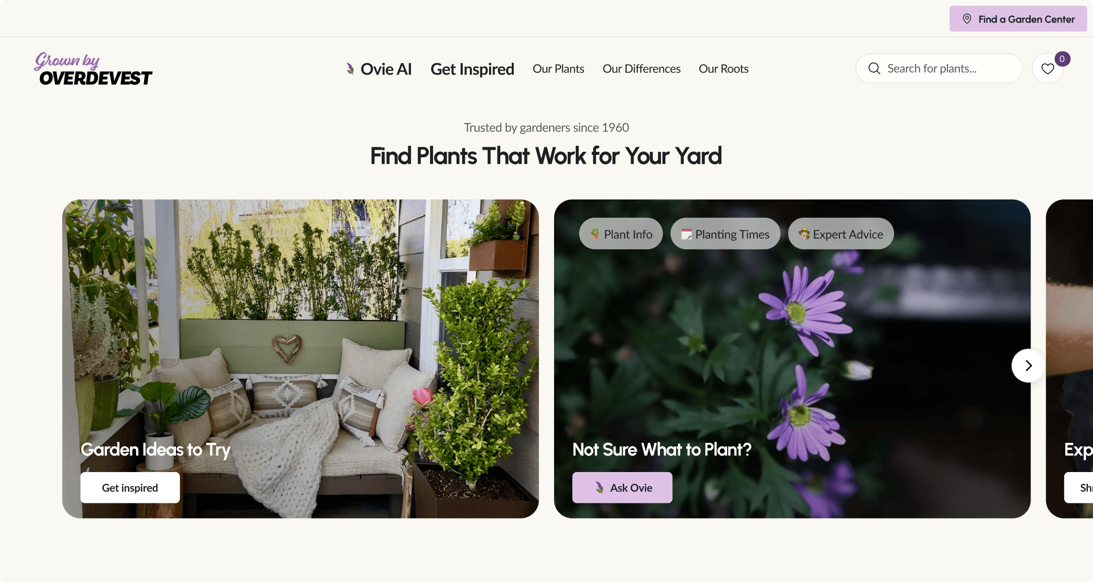 Overdevest Nurseries homepage featuring Find Plants That Work for Your Yard headline with garden cards and Ovie AI