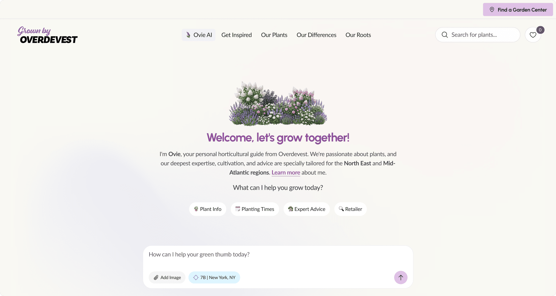 Ovie AI assistant welcome screen on the Overdevest site with a plant illustration and a chat input for gardening questions